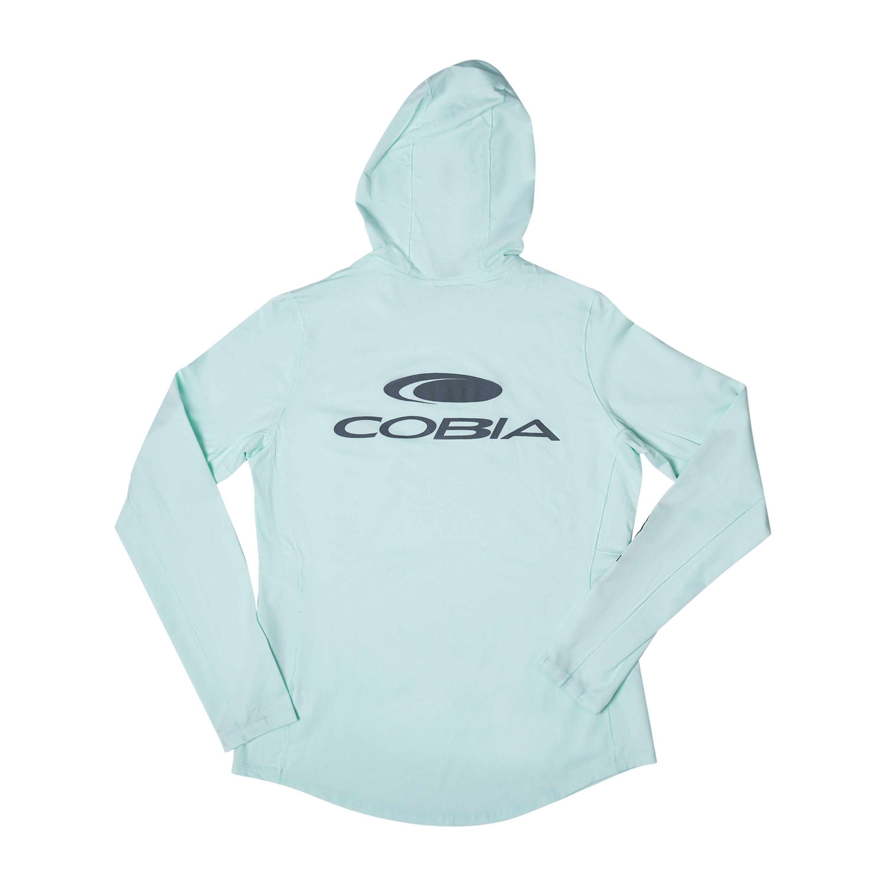 Light teal hooded shirt with a grey COBIA logo on the back shoulder blades.