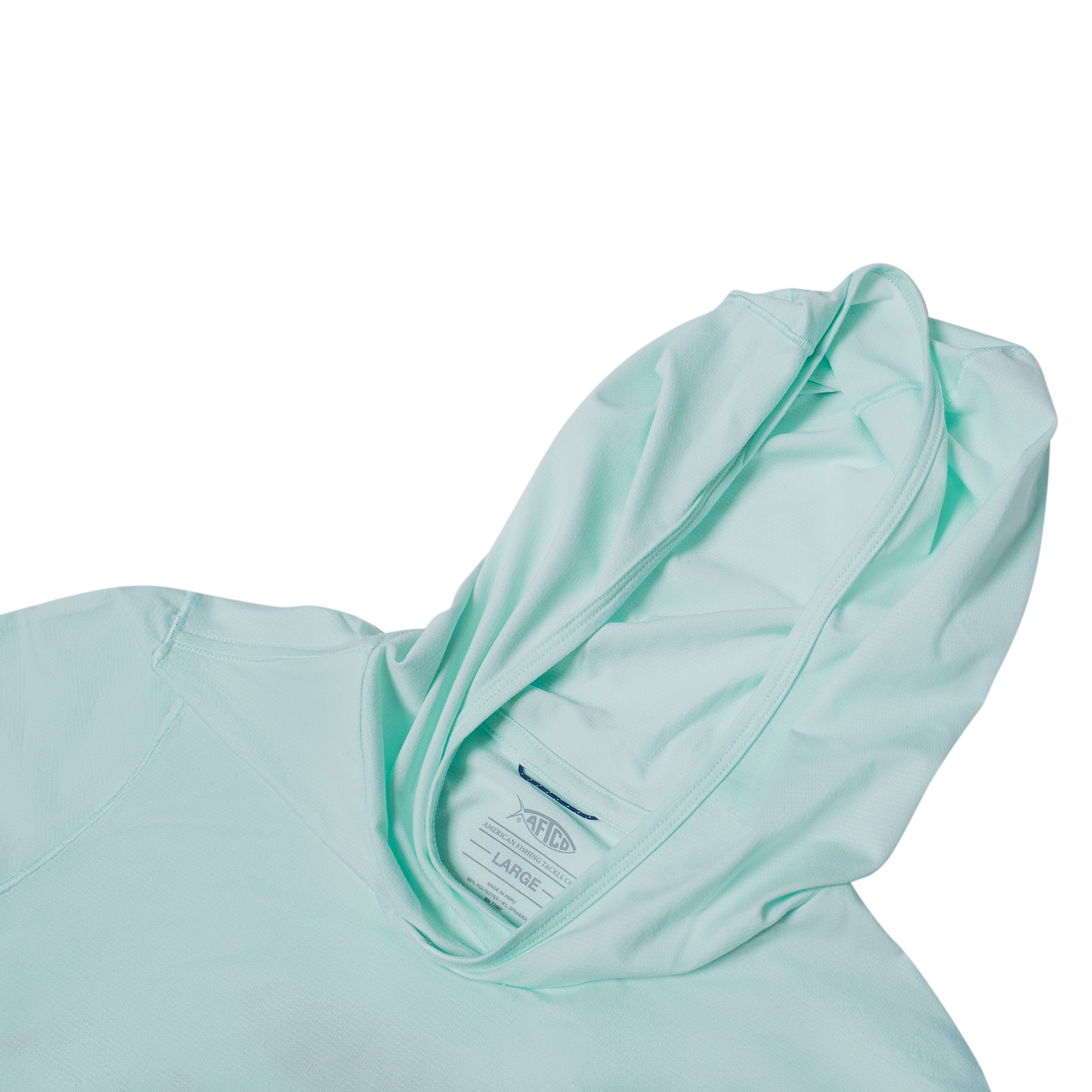 Light mint green shirt with a visible hood and neckline.