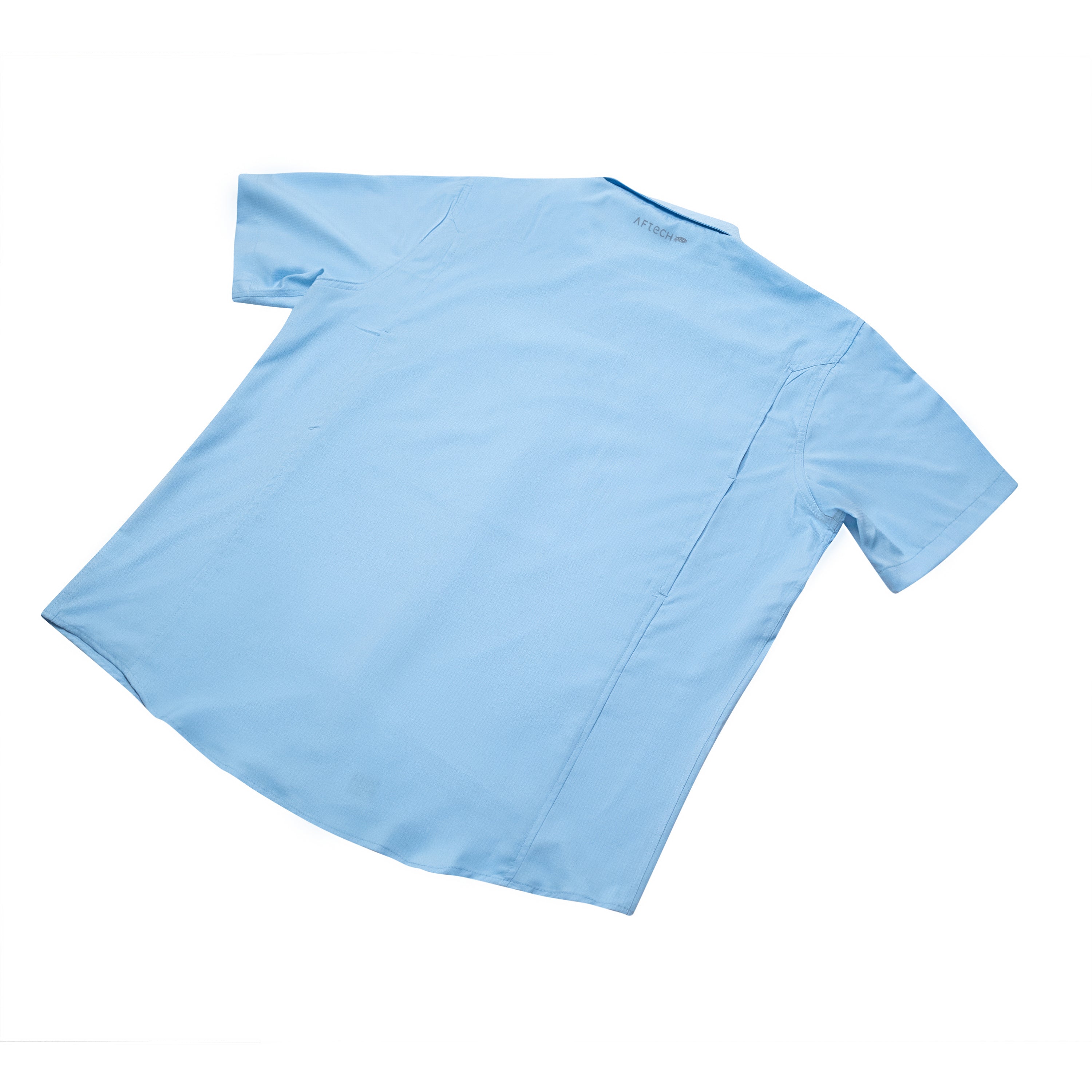 Back view of a light blue short-sleeved button-up shirt.