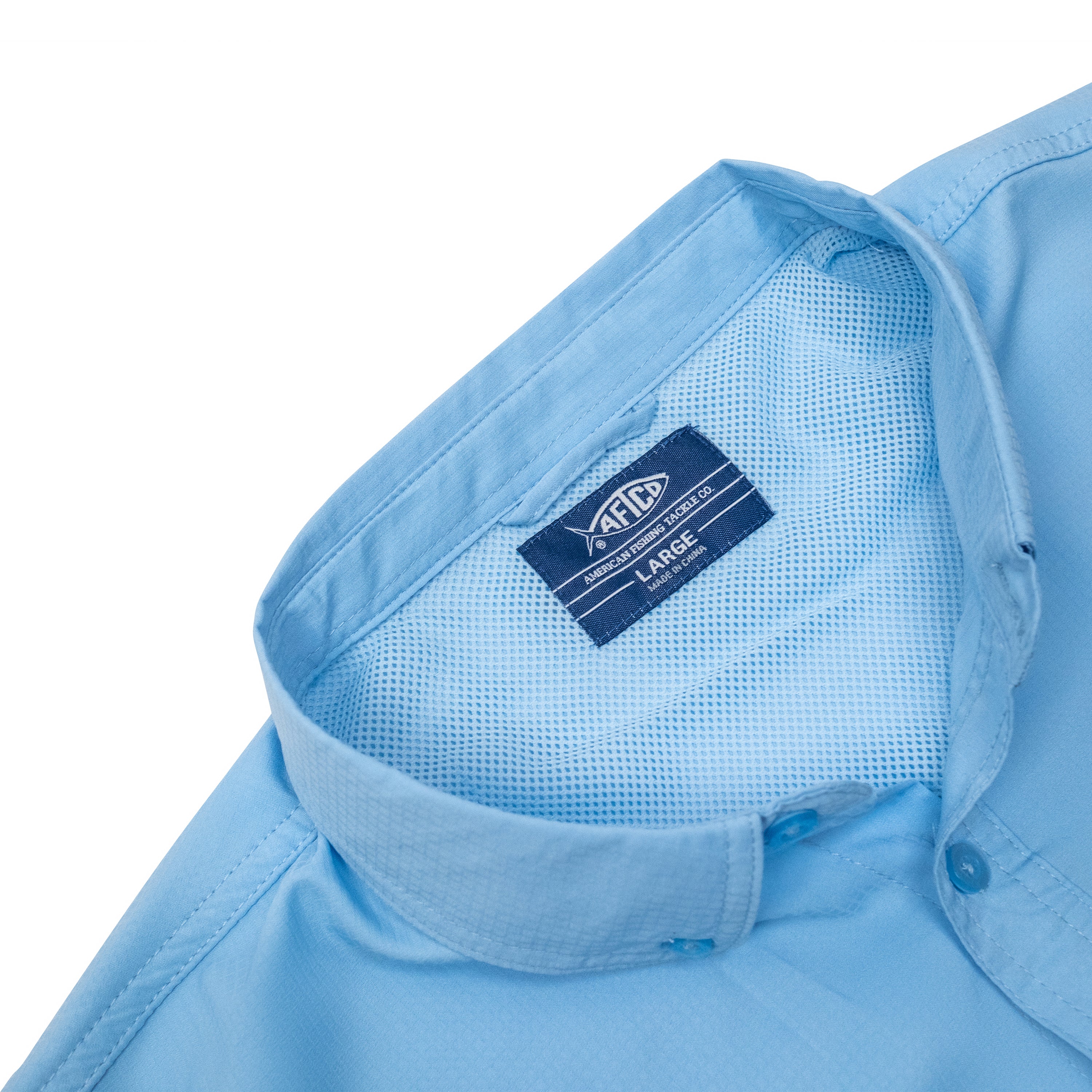 Light blue collared shirt with a label showing size large.
