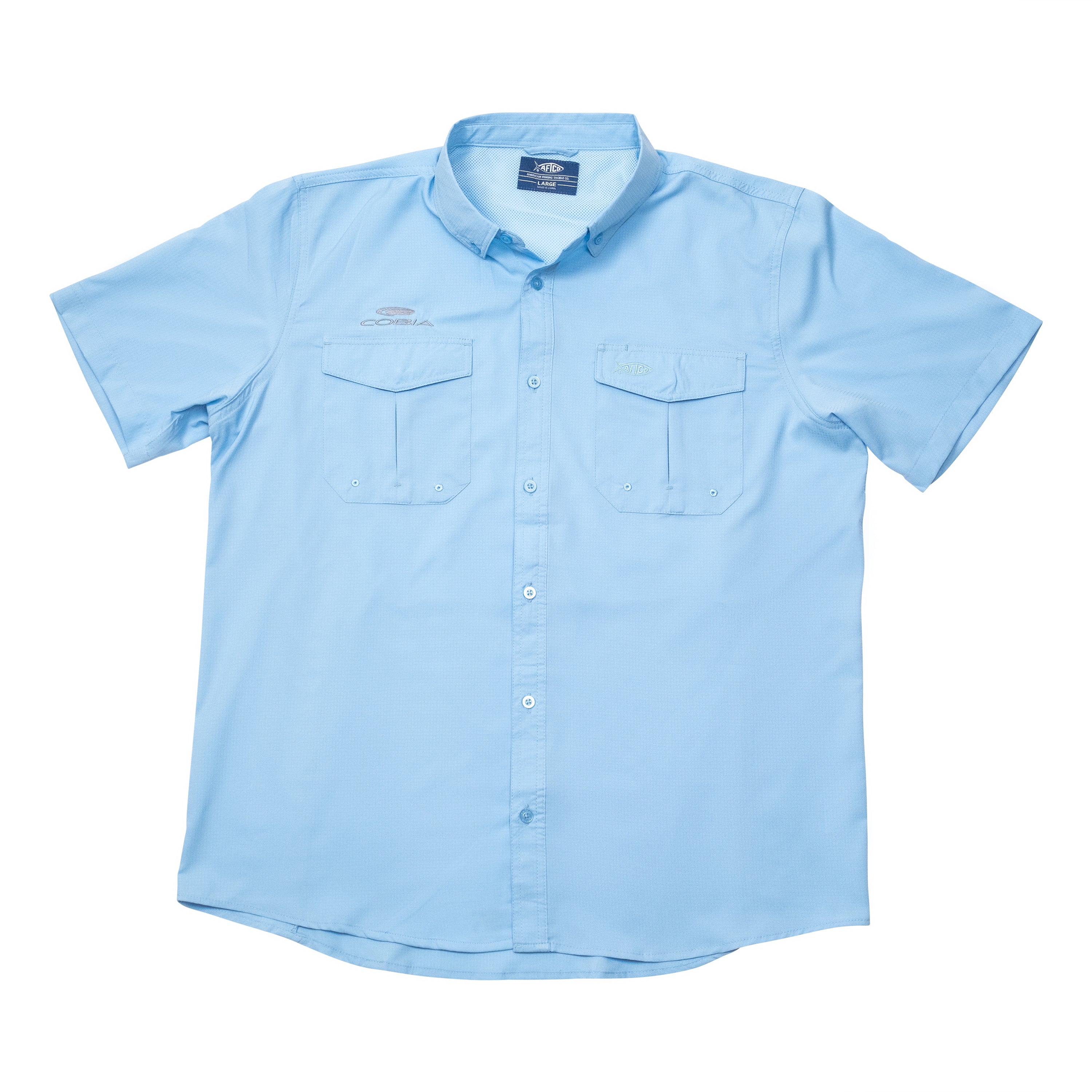 Light blue short-sleeved button-up shirt with two front pockets and a grey cobia logo on the right chest.