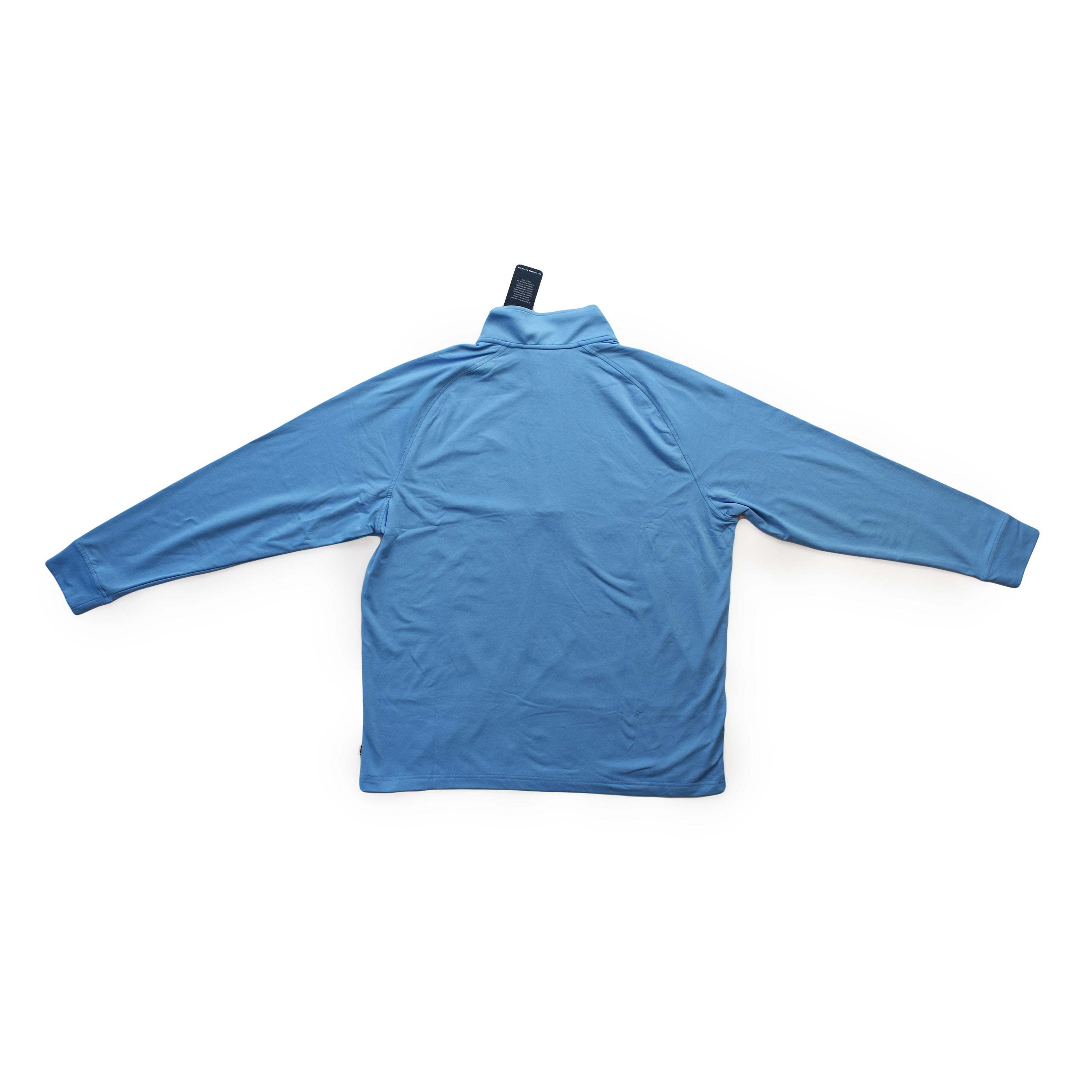 Back view of a blue long-sleeve shirt with a collar.