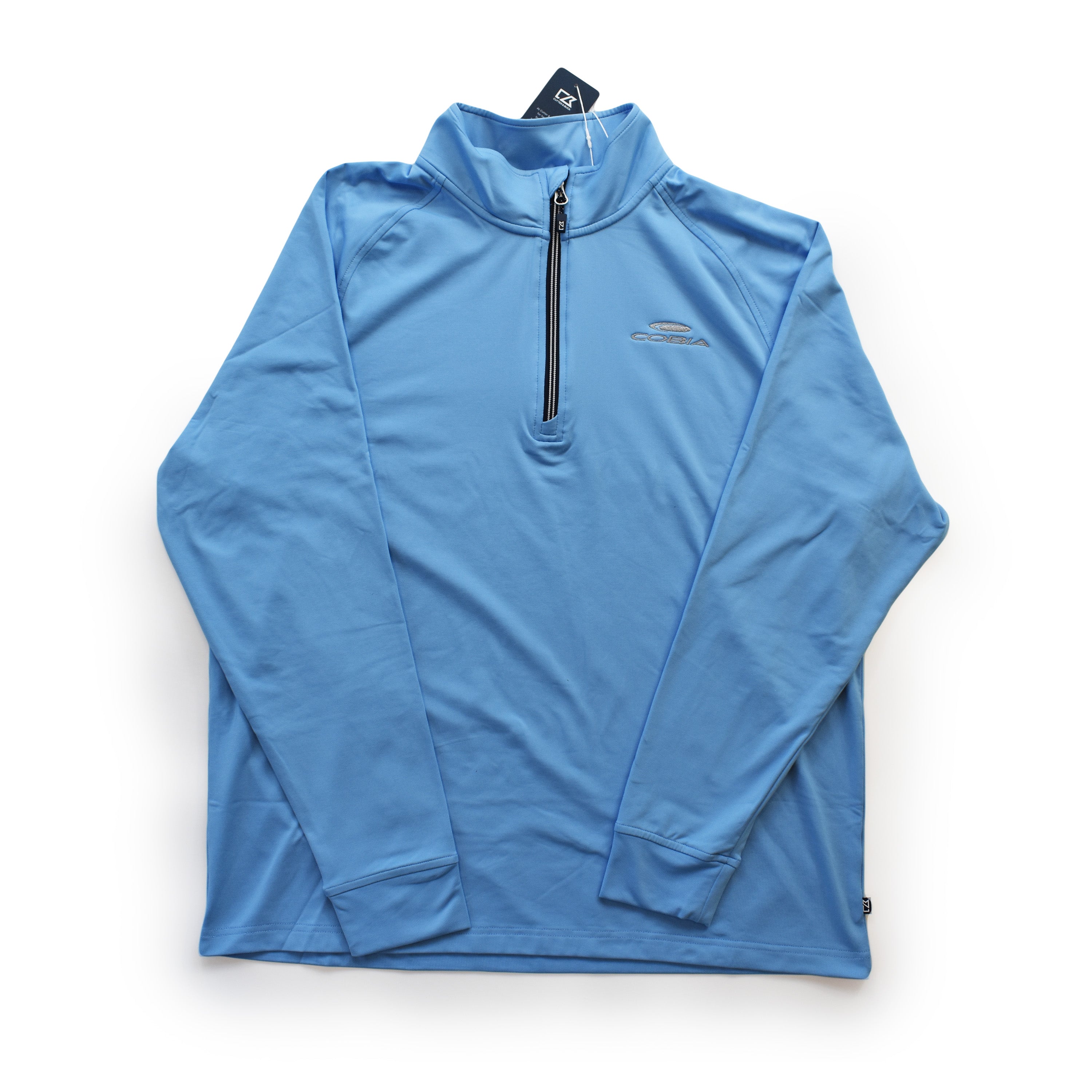Light blue long-sleeve pullover with a quarter zip featuring a cobia logo embroidered on the left chest.