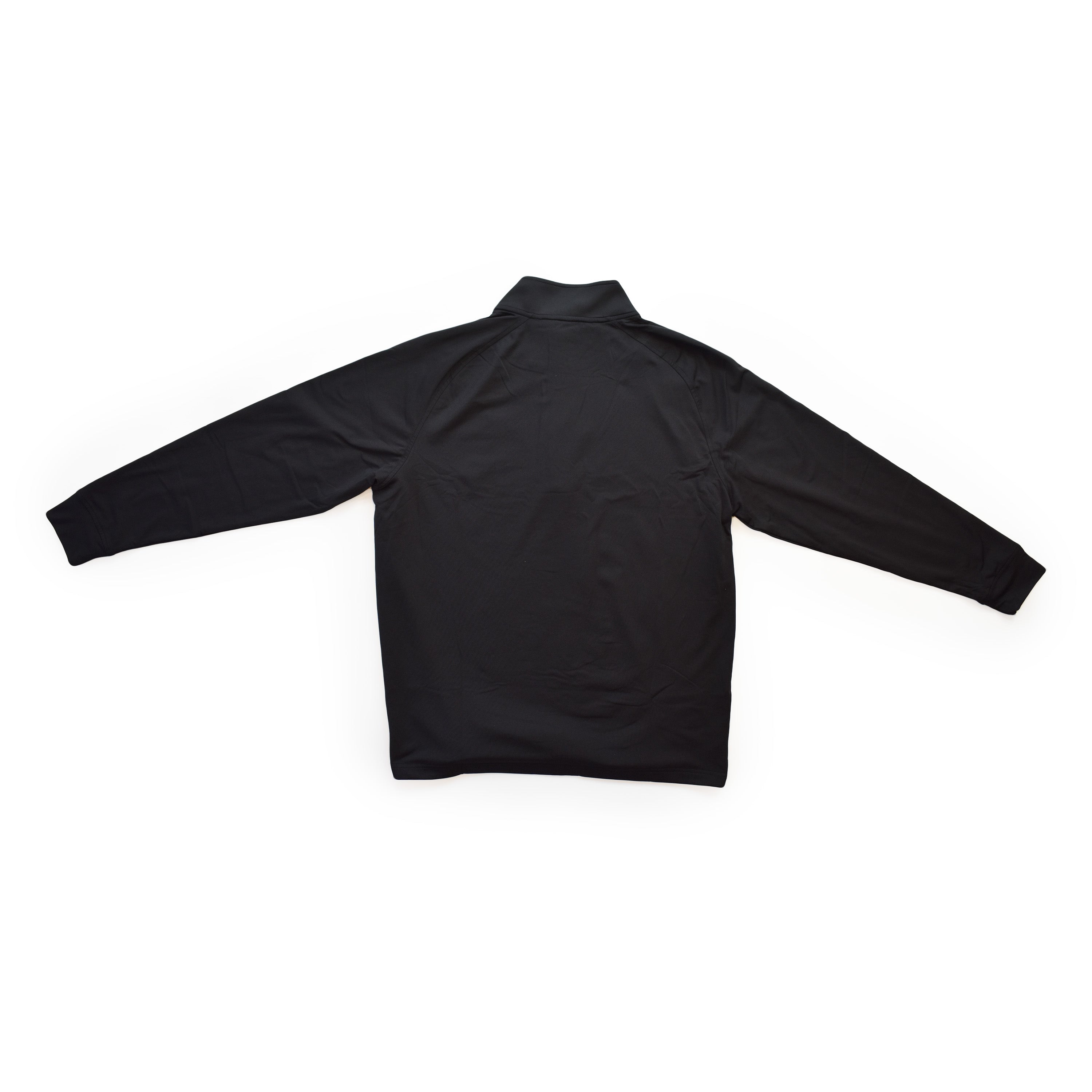 Back view of a black long-sleeve shirt with a collar.