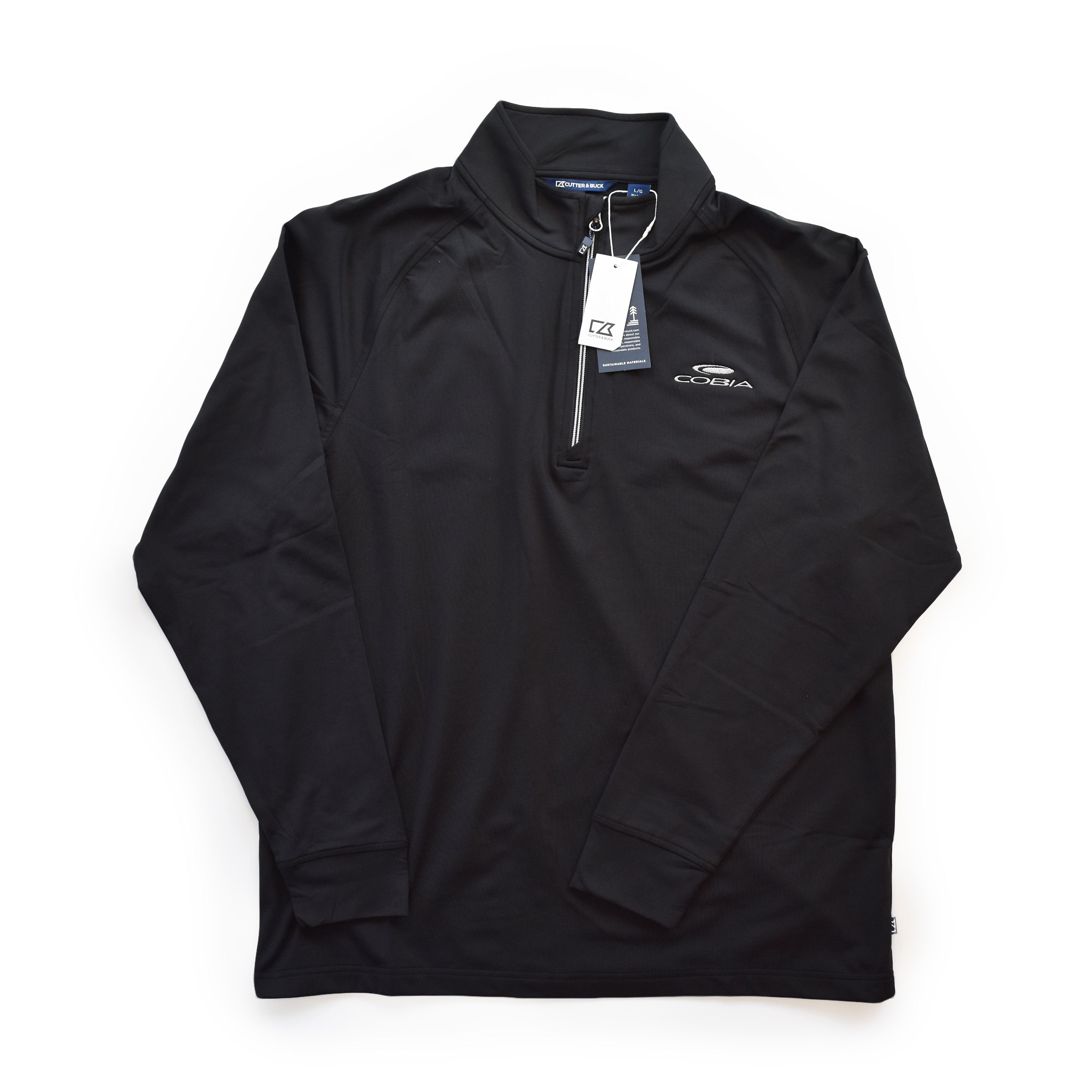 Black long-sleeve pullover with a quarter zipper and tag, featuring the cobia logo in white on the chest.