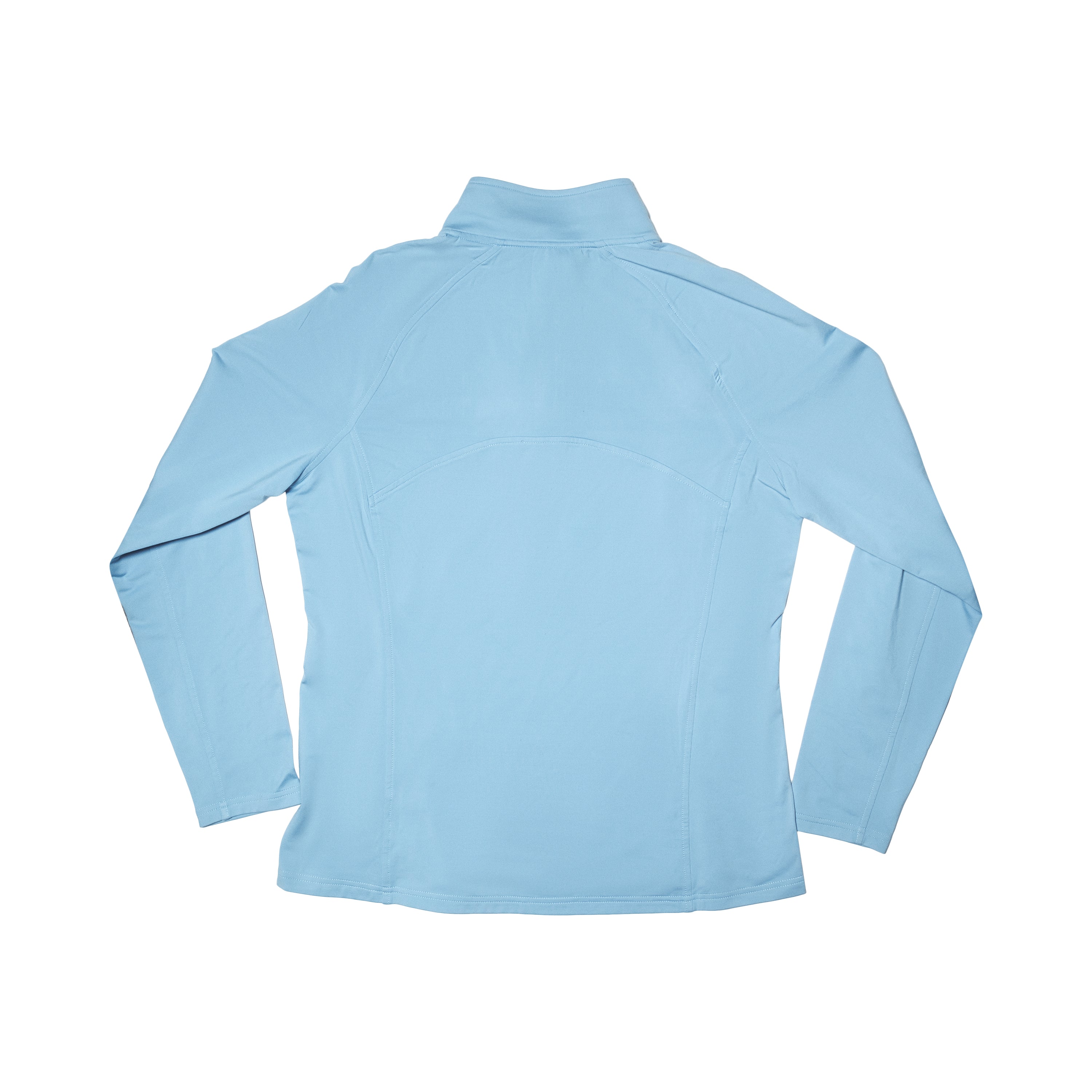 Back view of a light blue long-sleeve shirt.