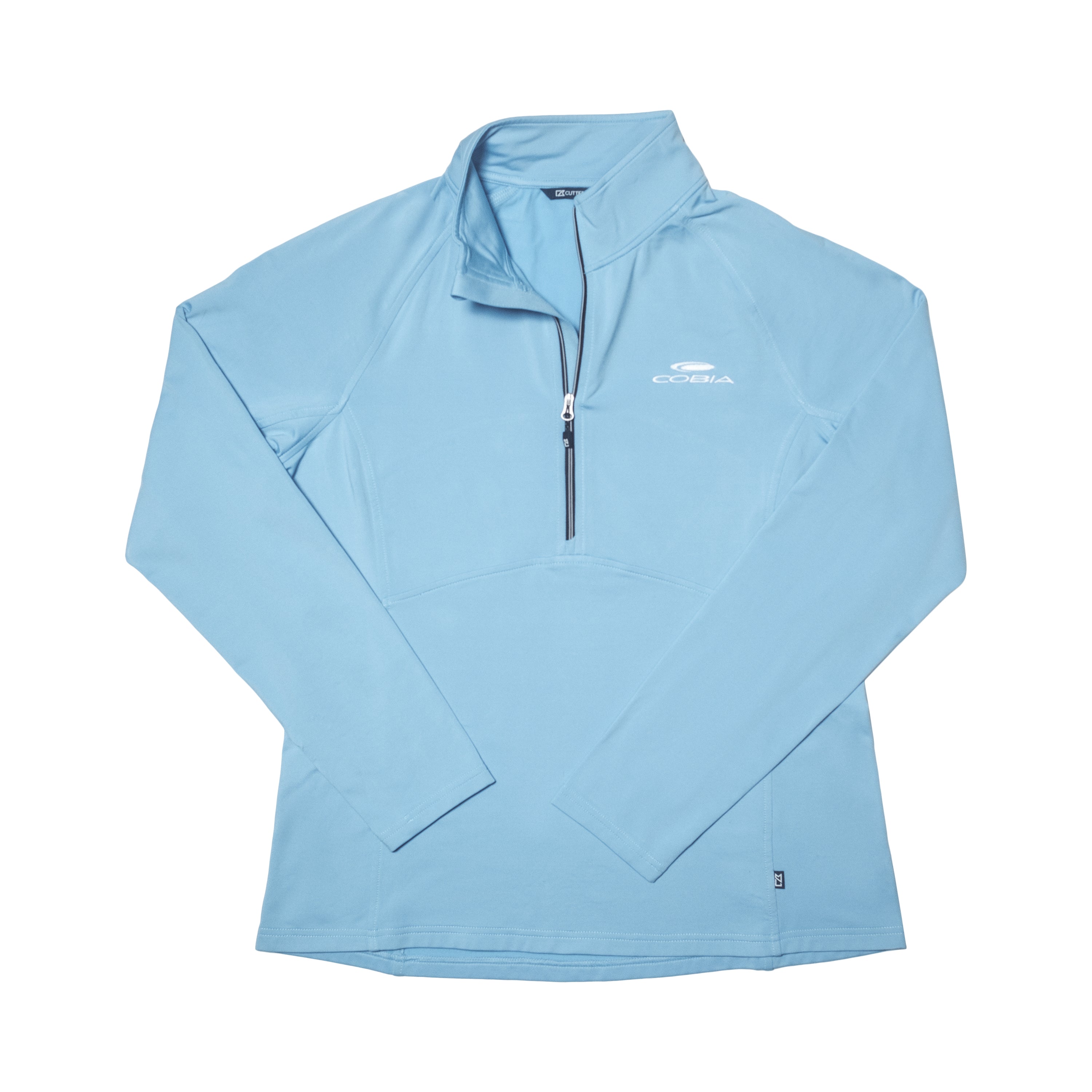 Light blue long-sleeve pullover with a quarter zipper and a white cobia logo on the left chest.
