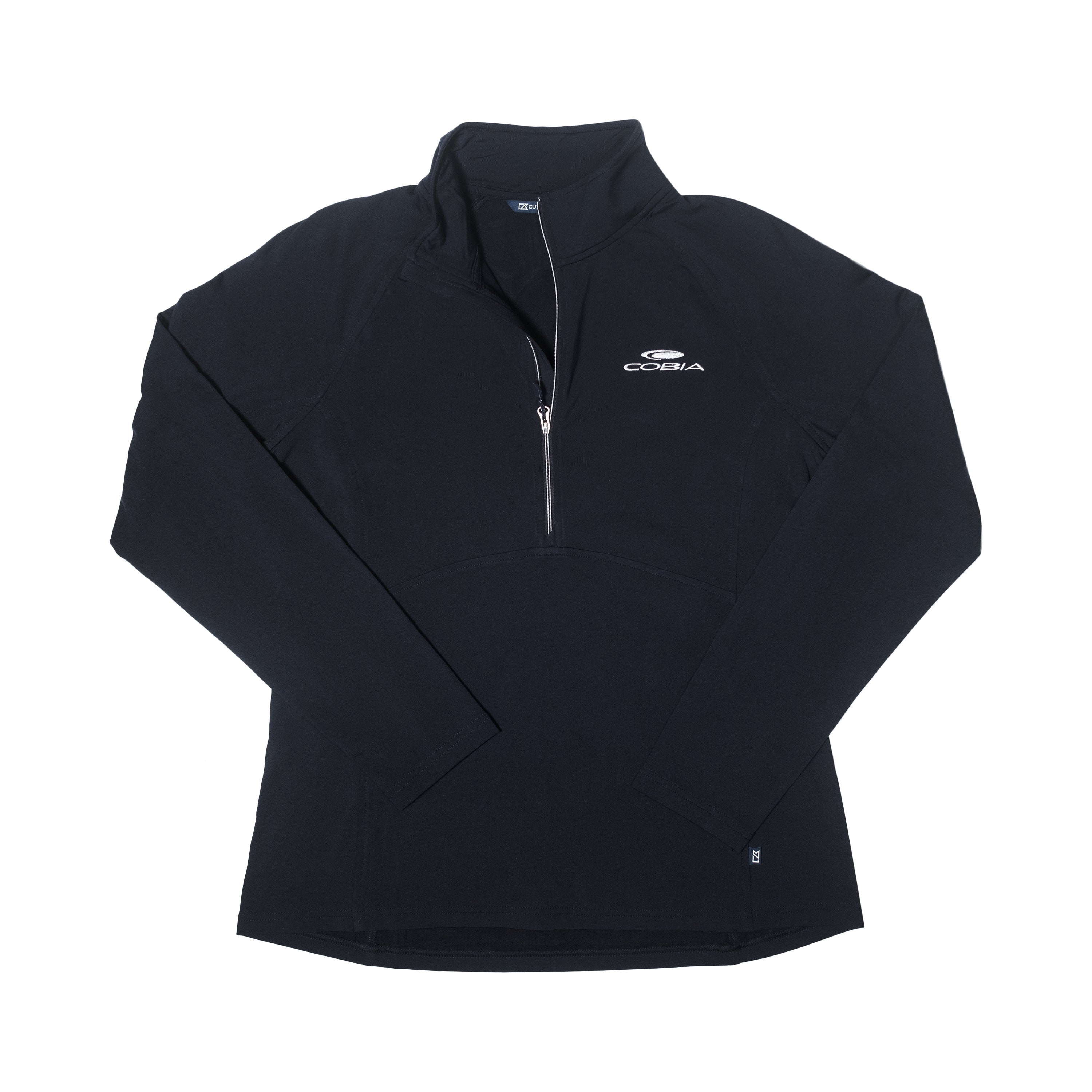 Black half-zip fleece pullover with a white cobia logo on the left chest.