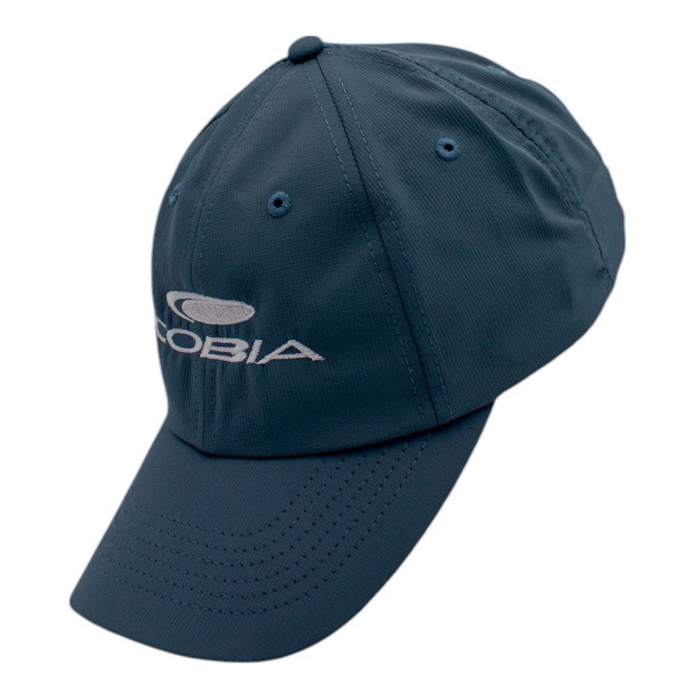 Side of a navy blue baseball cap with the word 'Cobia' embroidered on the front.