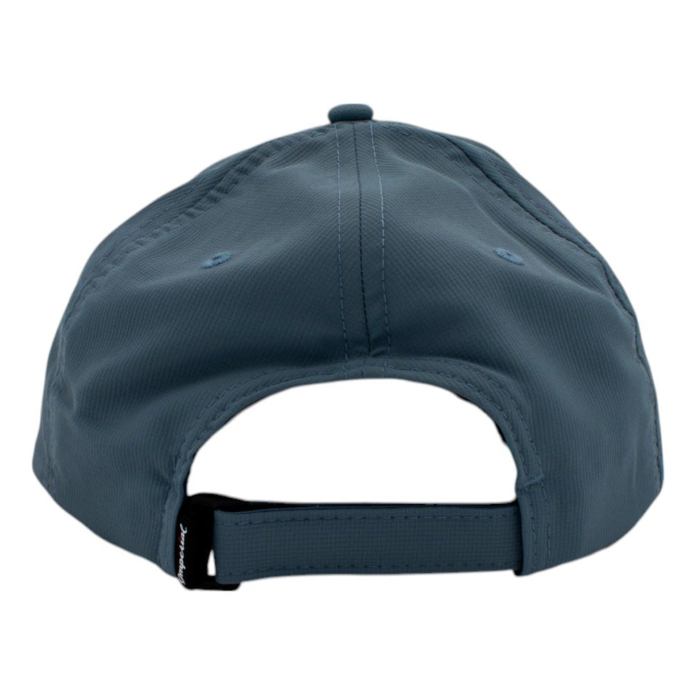 Back view of a blue cap with an adjustable velcro closure.