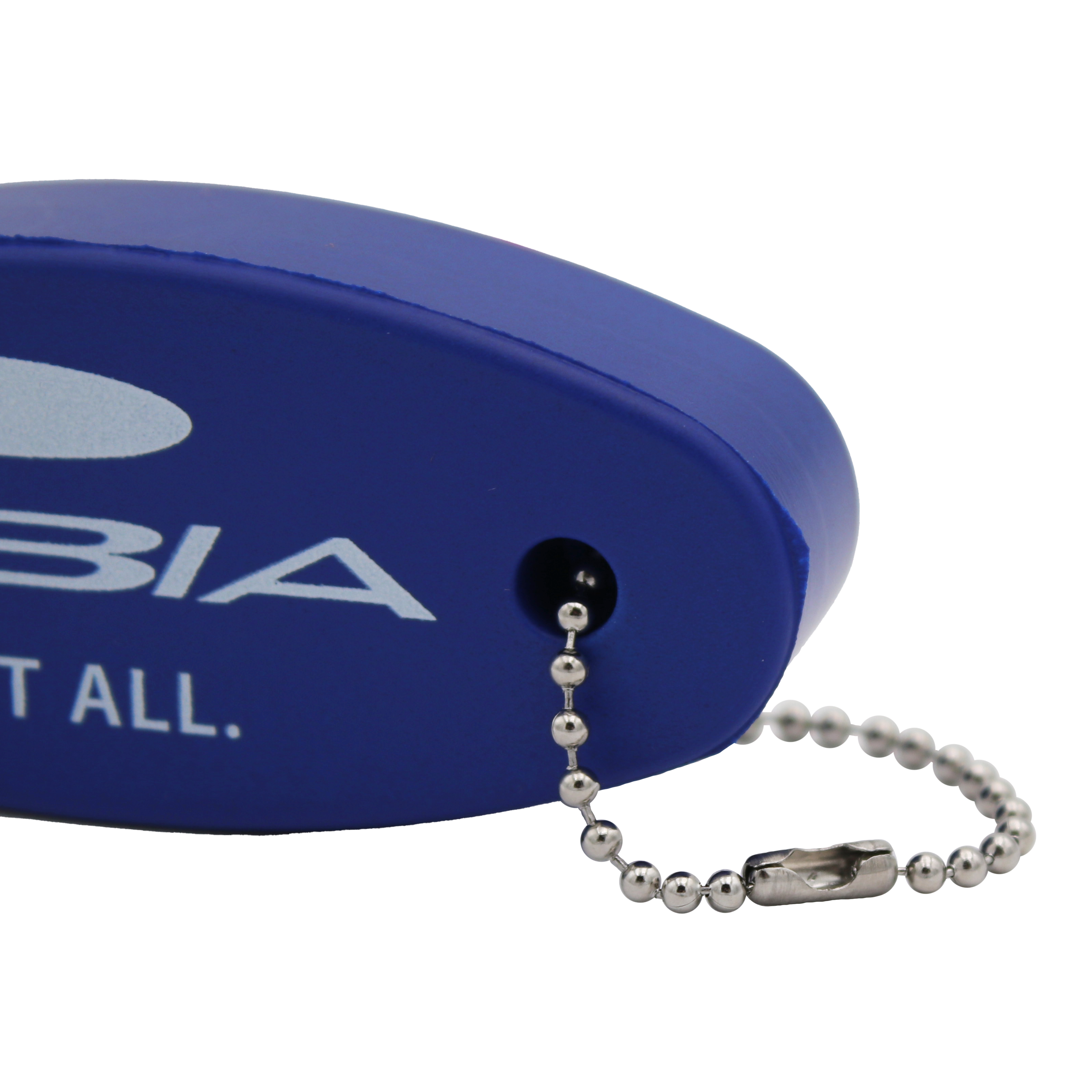 Close up of the ball chain on a blue foam keychain.