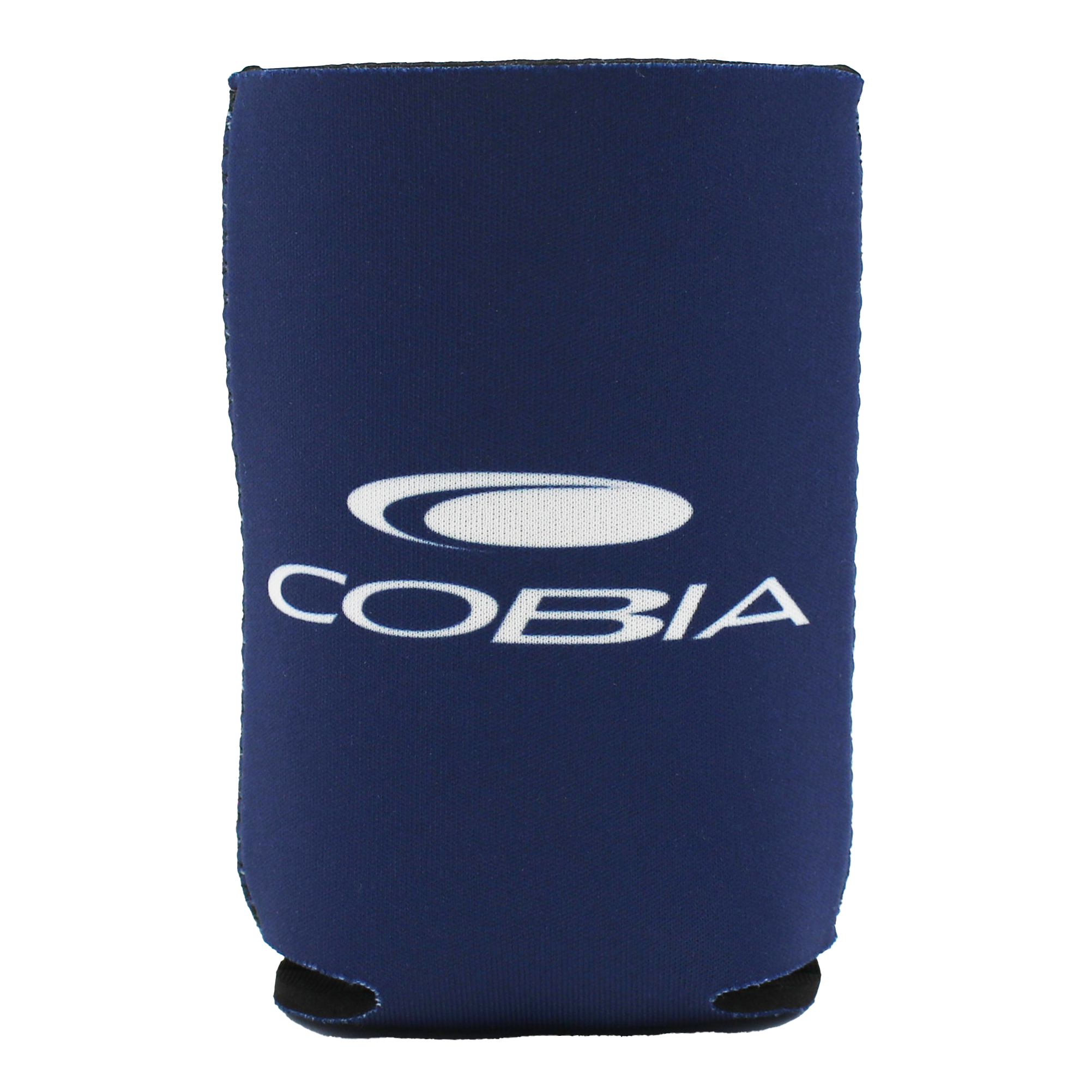 Blue can cooler with a white Cobia logo on the side.
