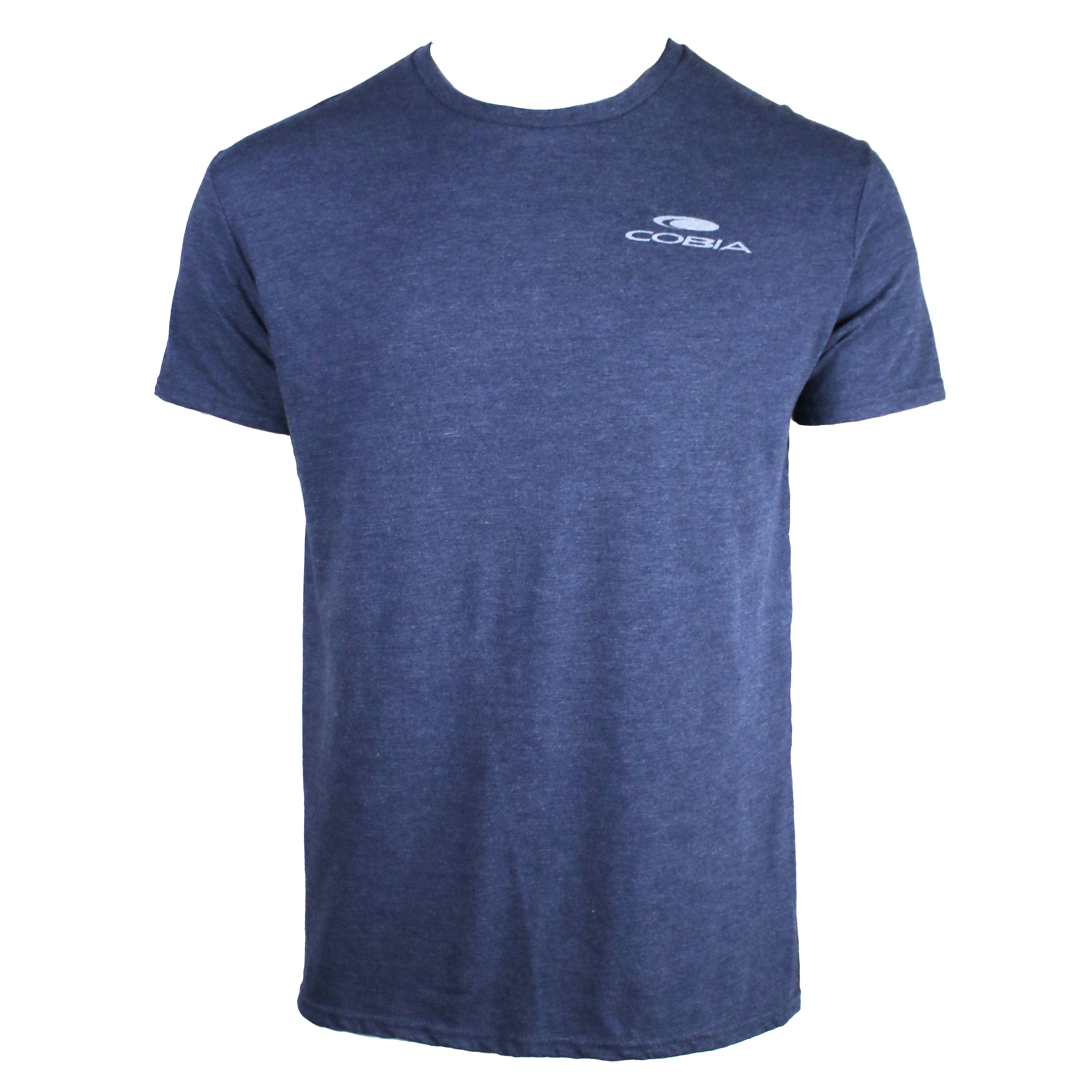 Blue t-shirt with a white cobia logo on the chest.