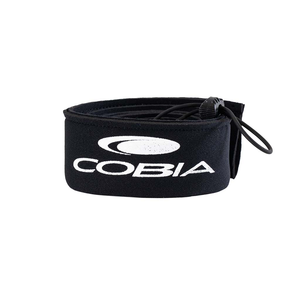 Rolled up black rod sleeve with the word 'COBIA' printed in white on it.