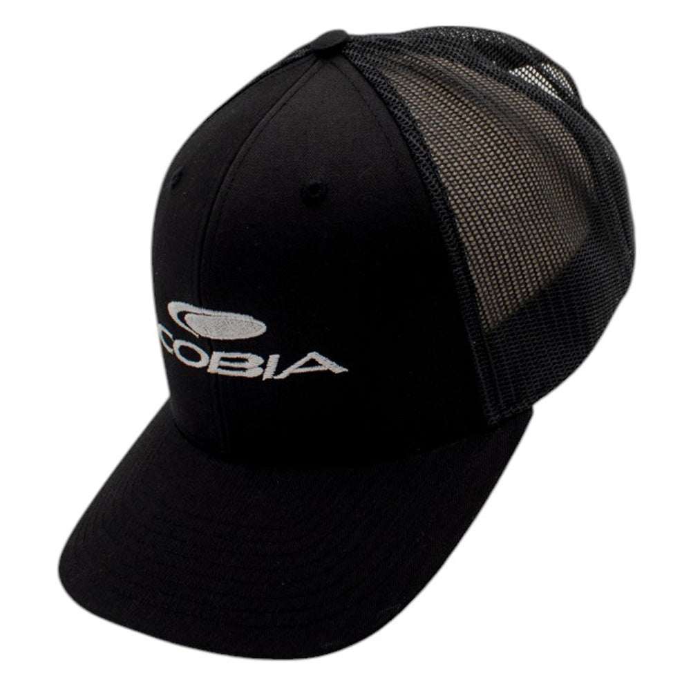 Side of a black baseball cap with mesh sides and a white cobia logo.