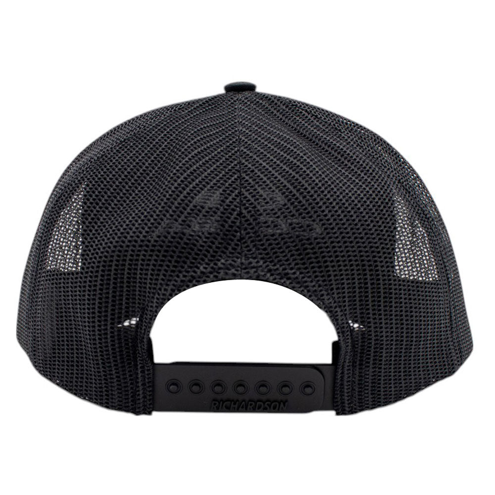 Back view of a black mesh cap with a snapback closure.