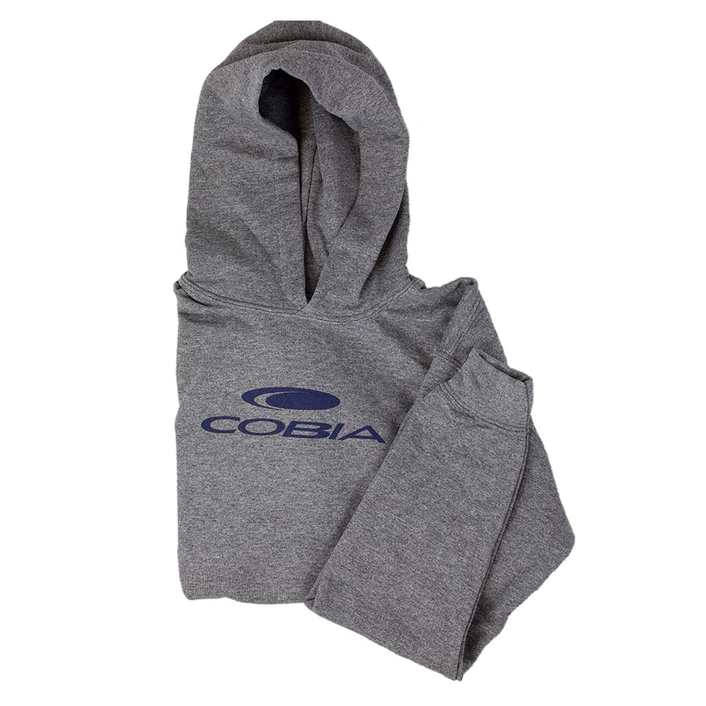 Folded up gray hoodie with a navy cobia logo on the front.