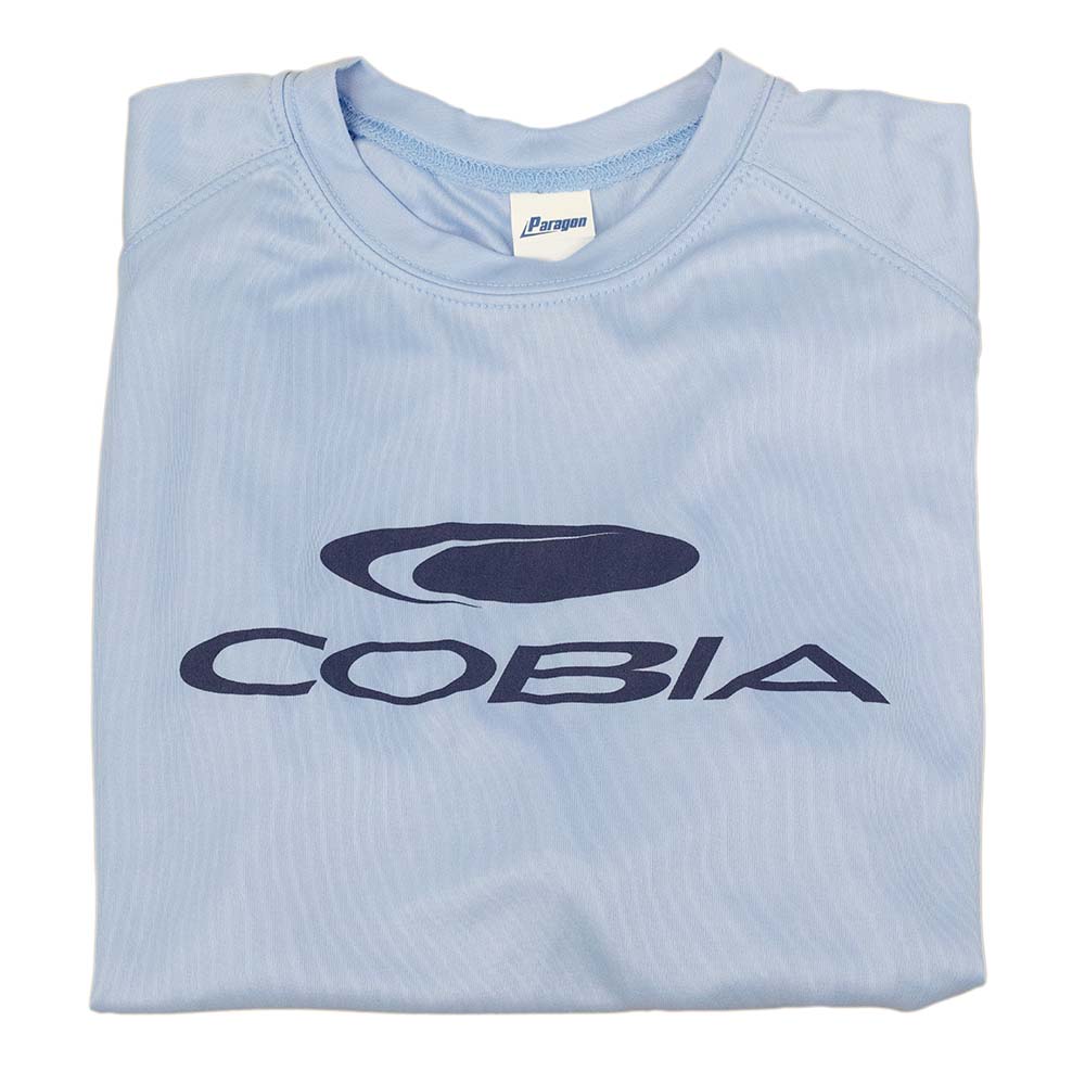 Light blue shirt folded up featuring the logo 'COBIA' in dark blue.