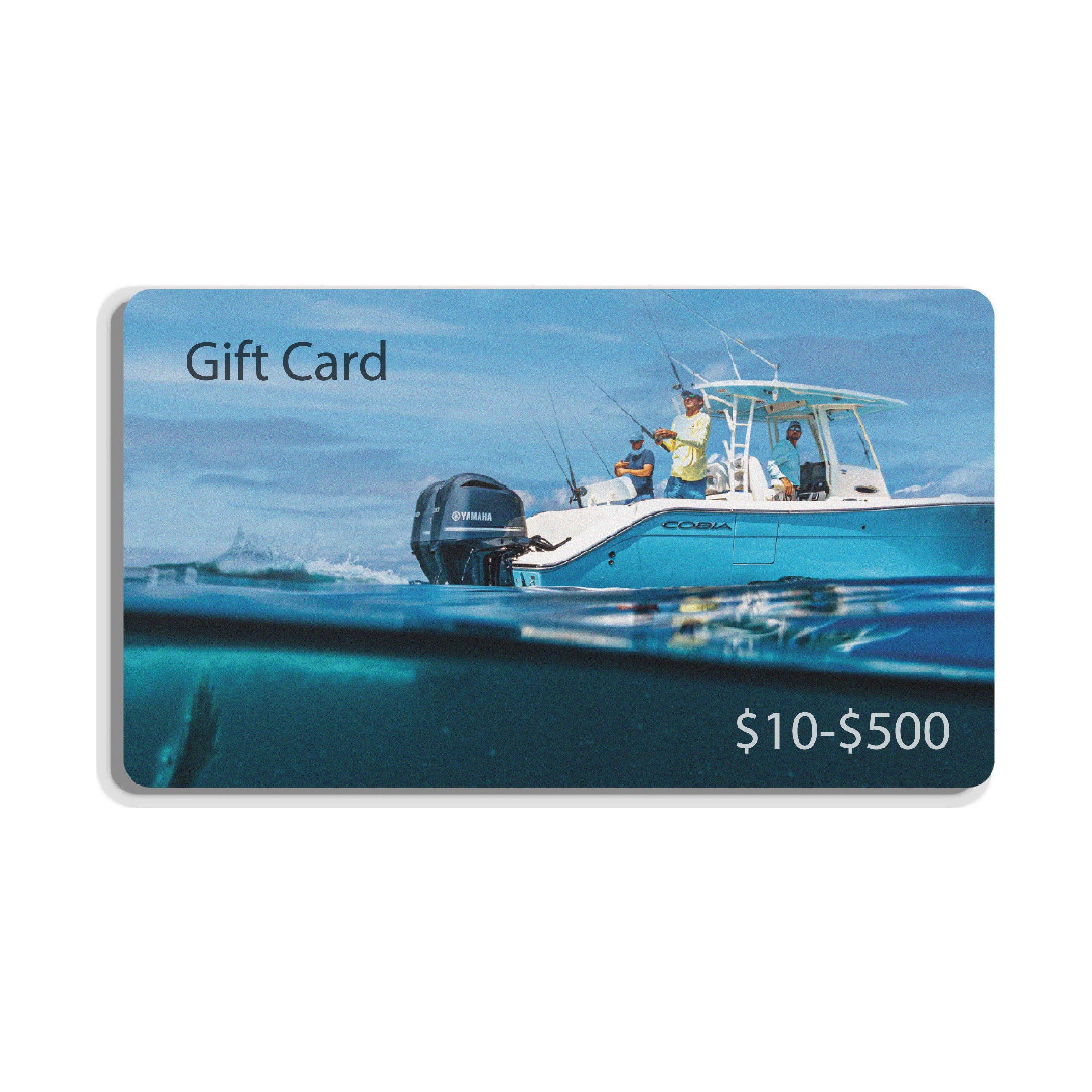 Gift card featuring a boat on the water, with a price range of $10-$500.