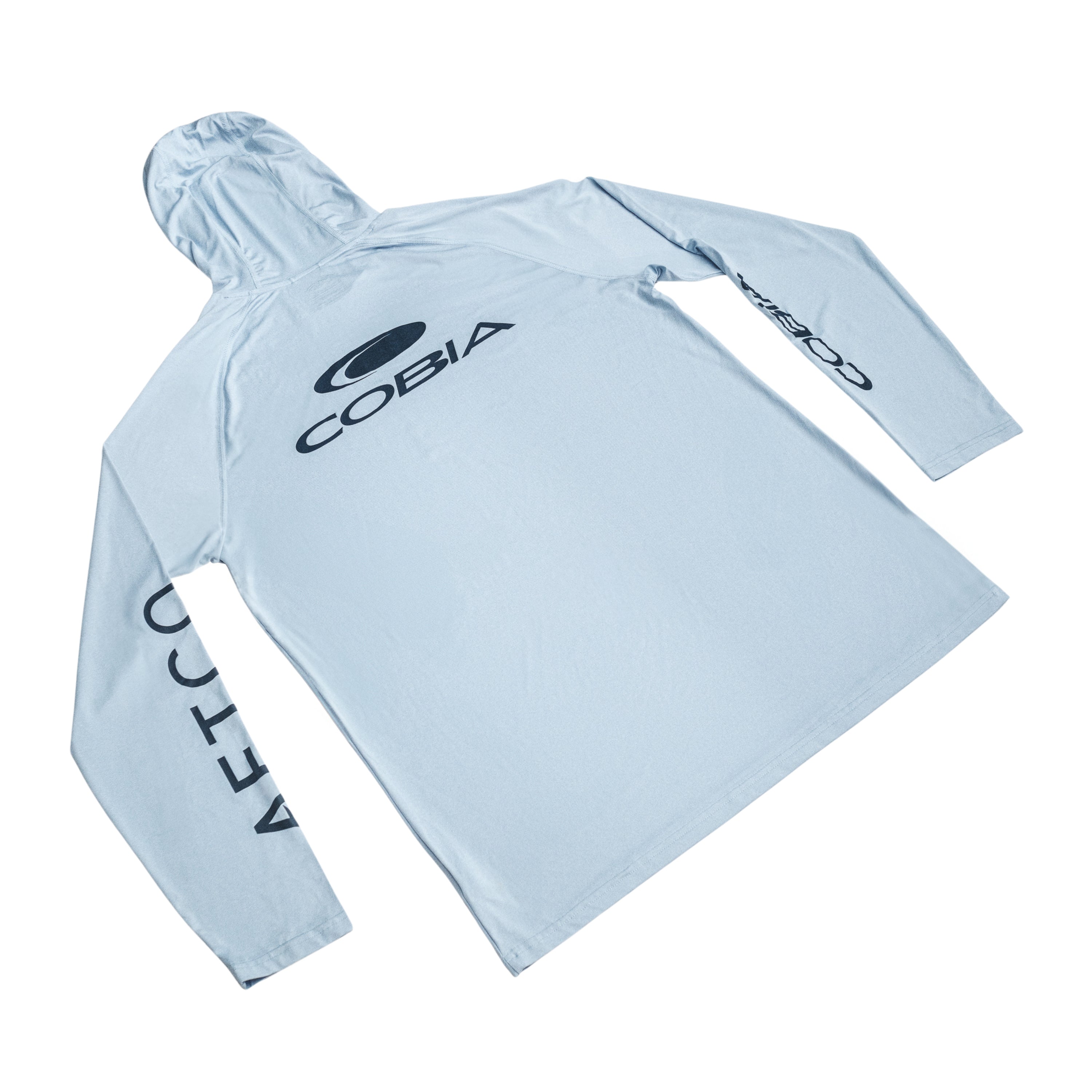 Light blue long-sleeve hooded shirt with the logos 'Cobia' and 'Aftco' printed on the back and sleeves.