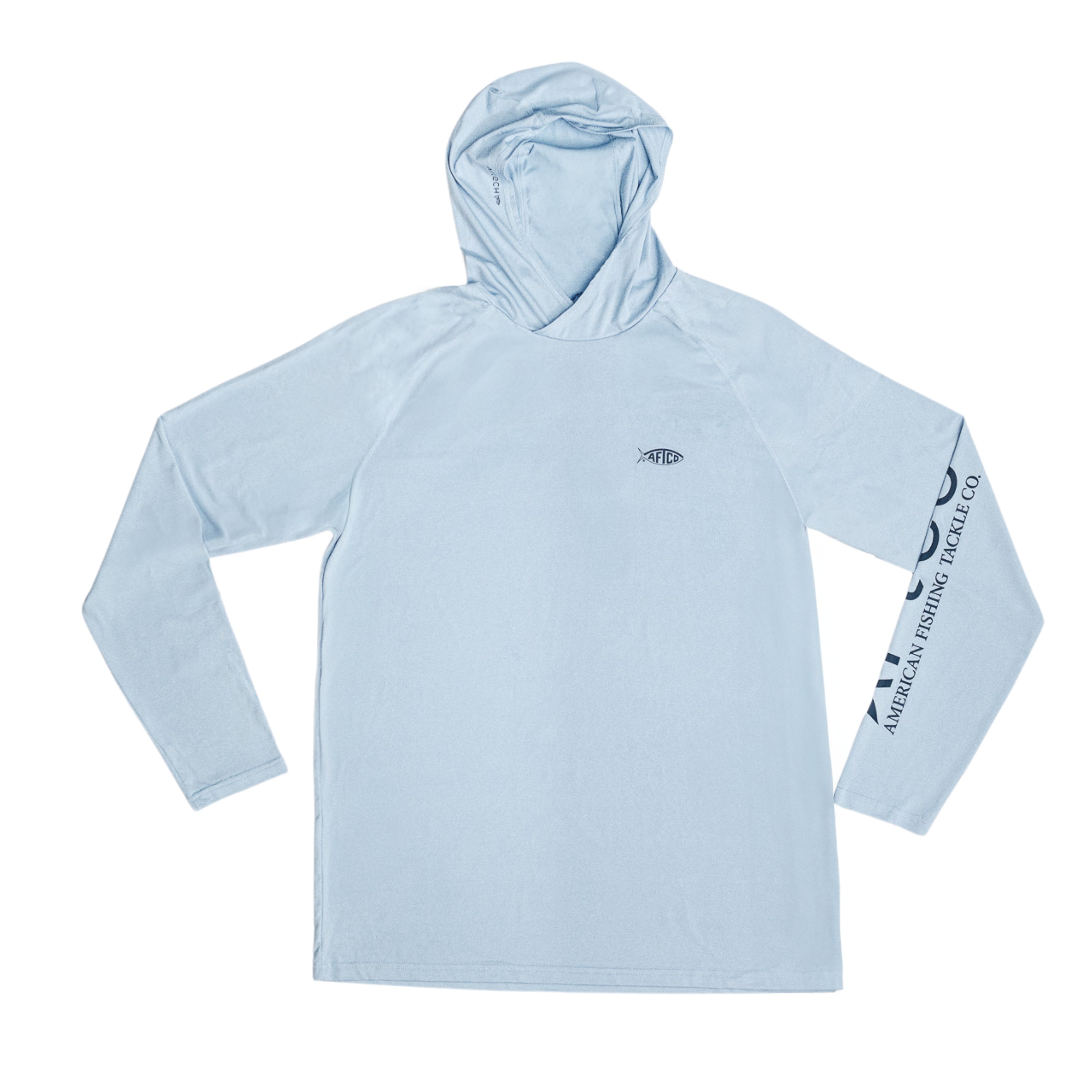 Light blue long-sleeve hooded shirt with the AFTCO logo on the chest and sleeve.