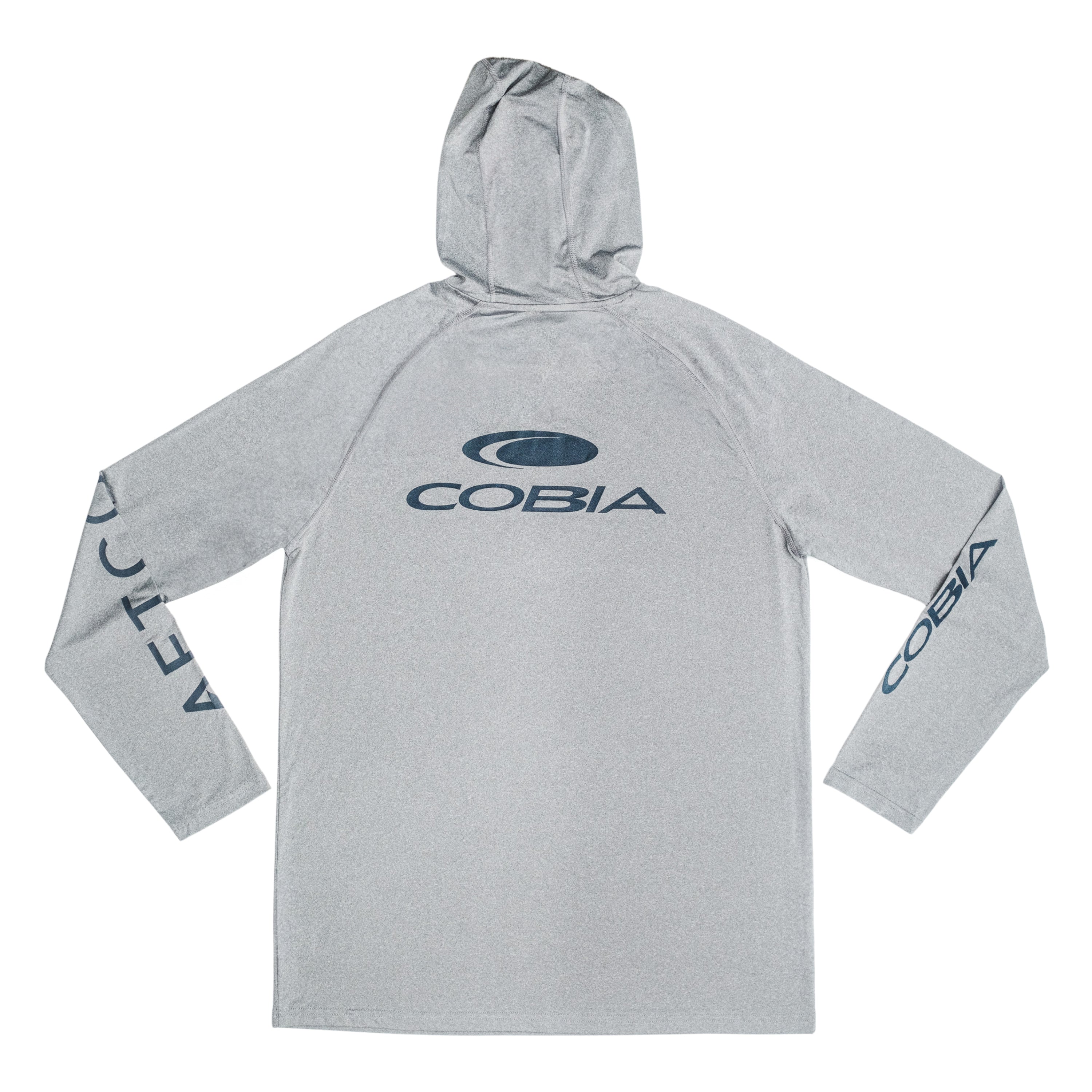Back view of a light gray long-sleeve hoodie featuring the COBIA logo on the back and sleeve in navy.