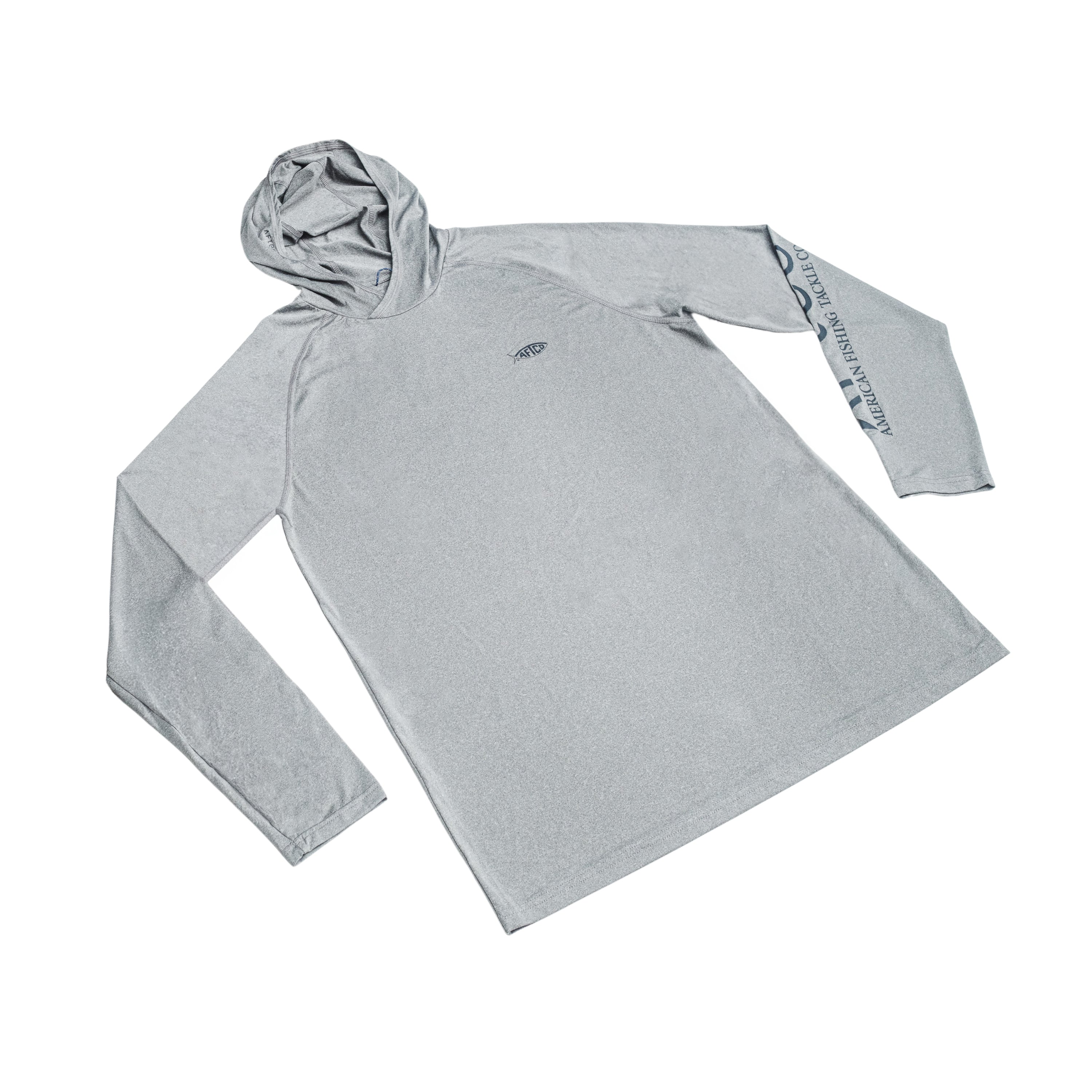 Light gray long-sleeve hooded shirt laid flat.
