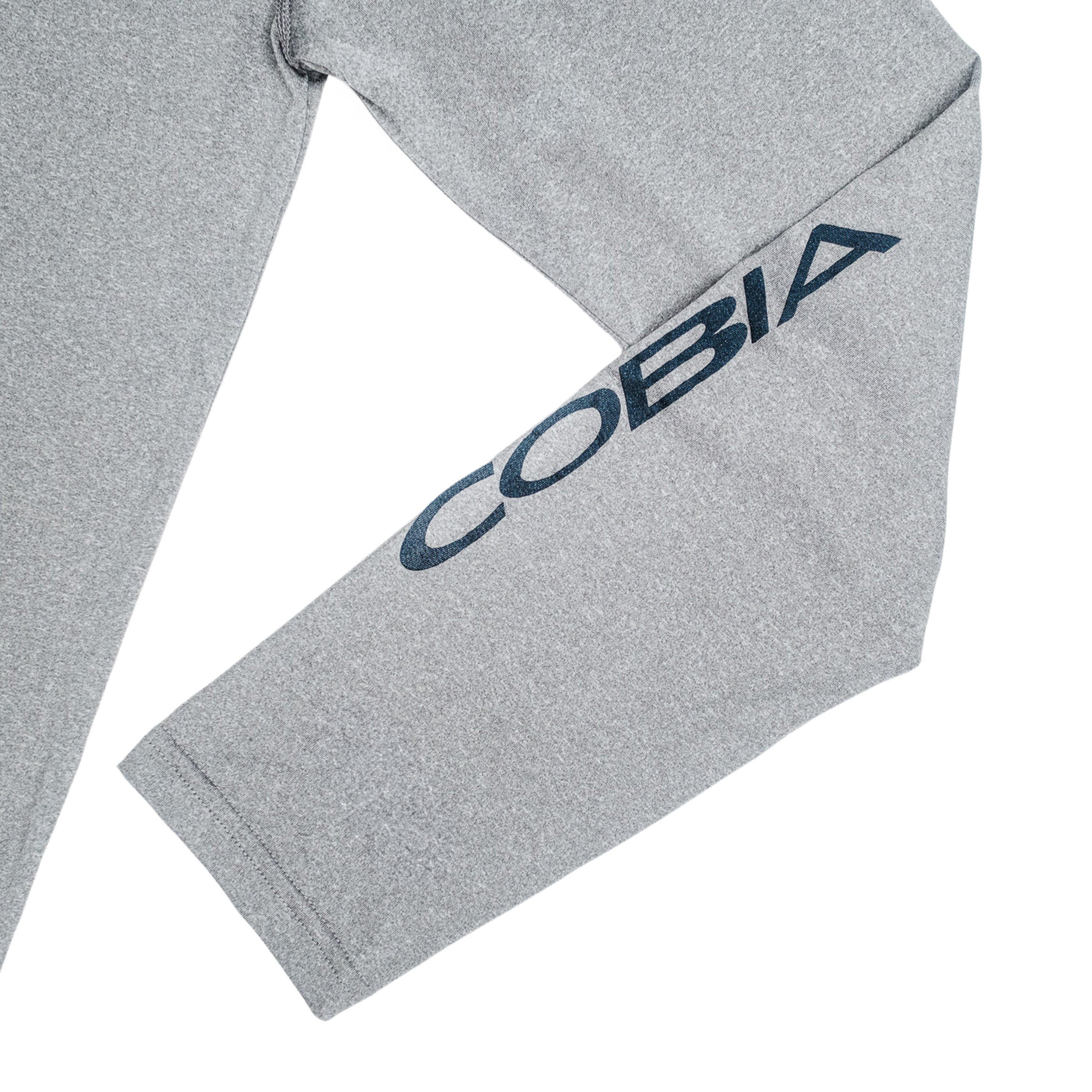 Gray long-sleeve shirt with the word 'COBIA' printed on the sleeve in navy.