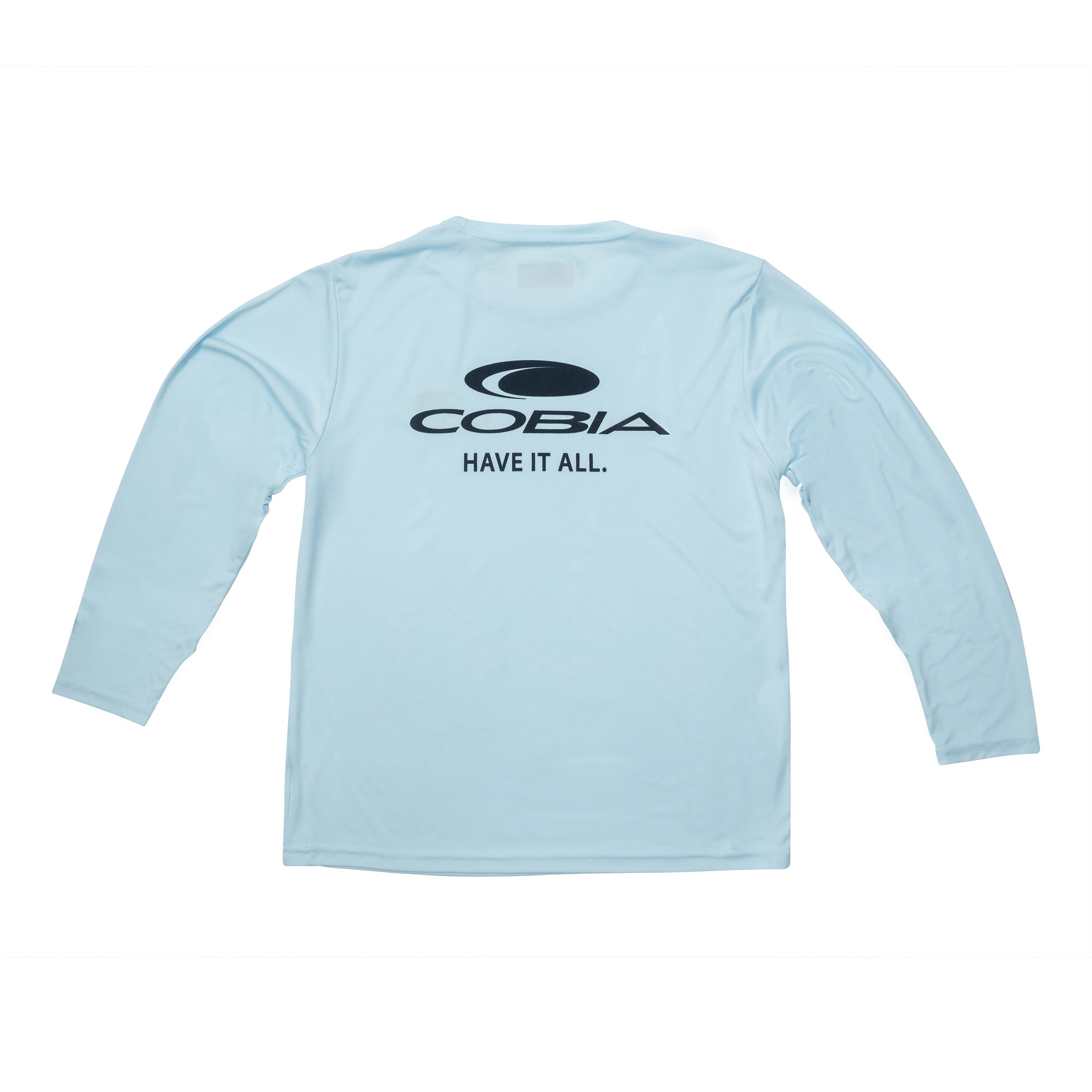 Back of a light blue long-sleeve shirt with 'COBIA HAVE IT ALL' printed on the back in navy.