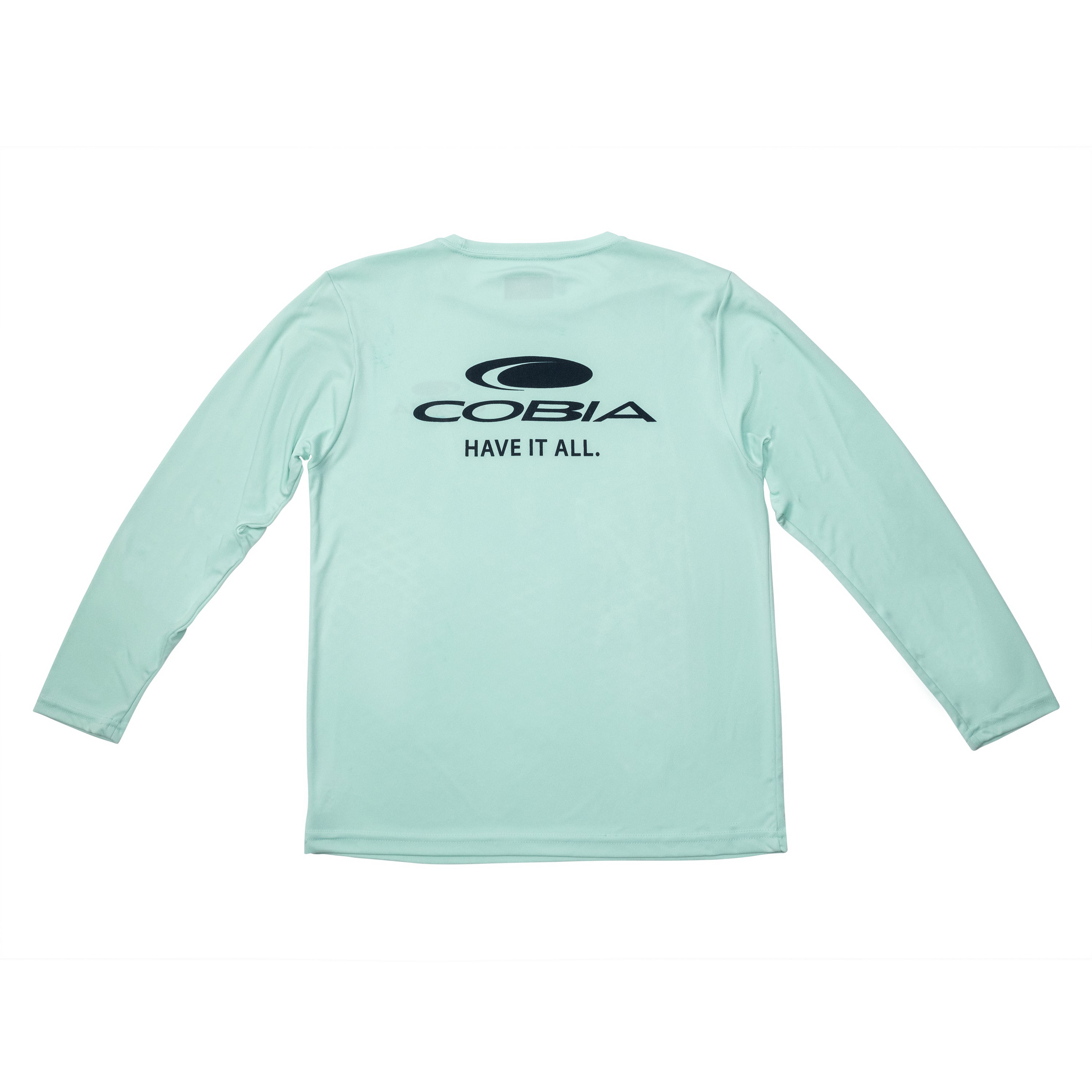Light teal long-sleeve shirt with a black cobia logo and text 'have it all' on the back.