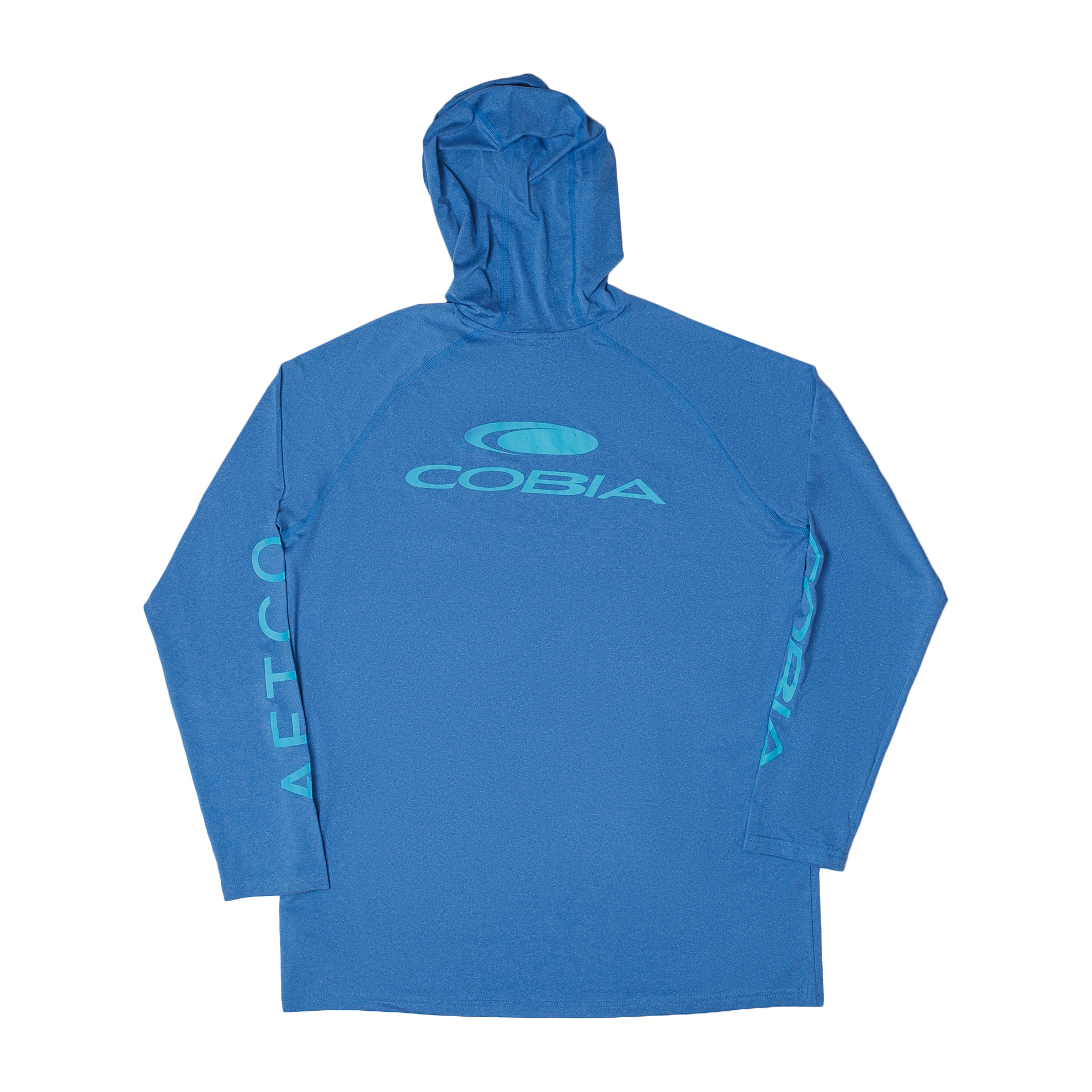 A blue long-sleeve hooded shirt with the word 'COBIA' printed on the back and right sleeve.