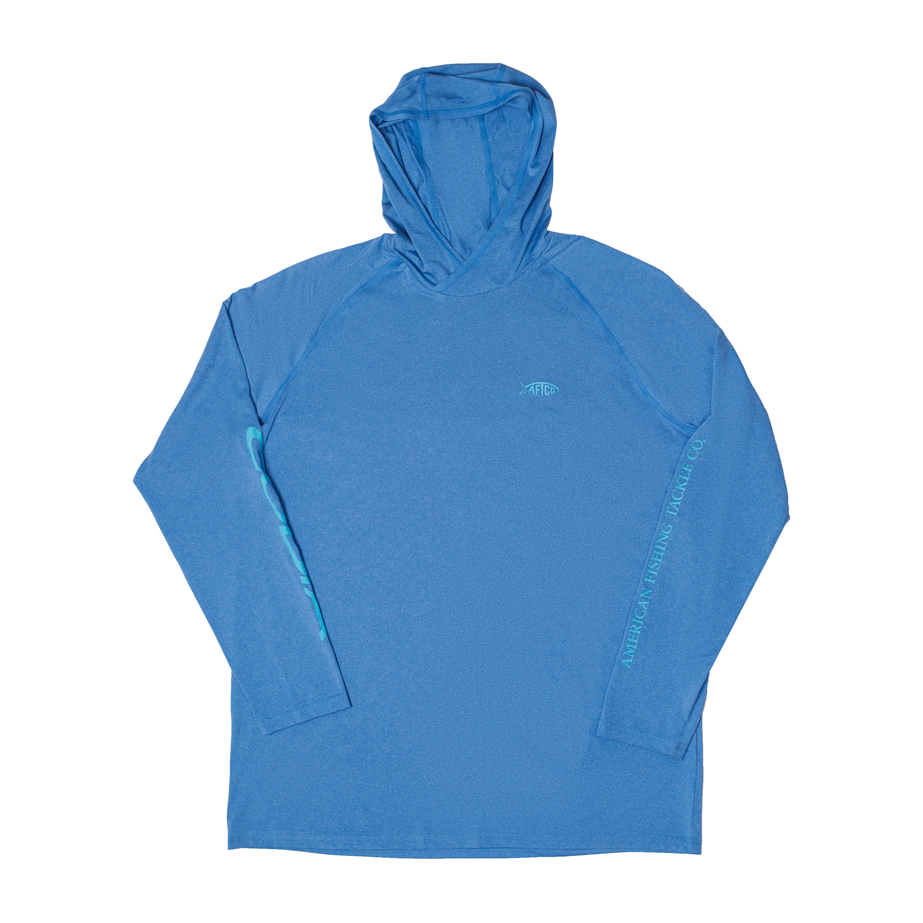 Light blue long-sleeve hooded shirt with the aftco logo on the left chest.