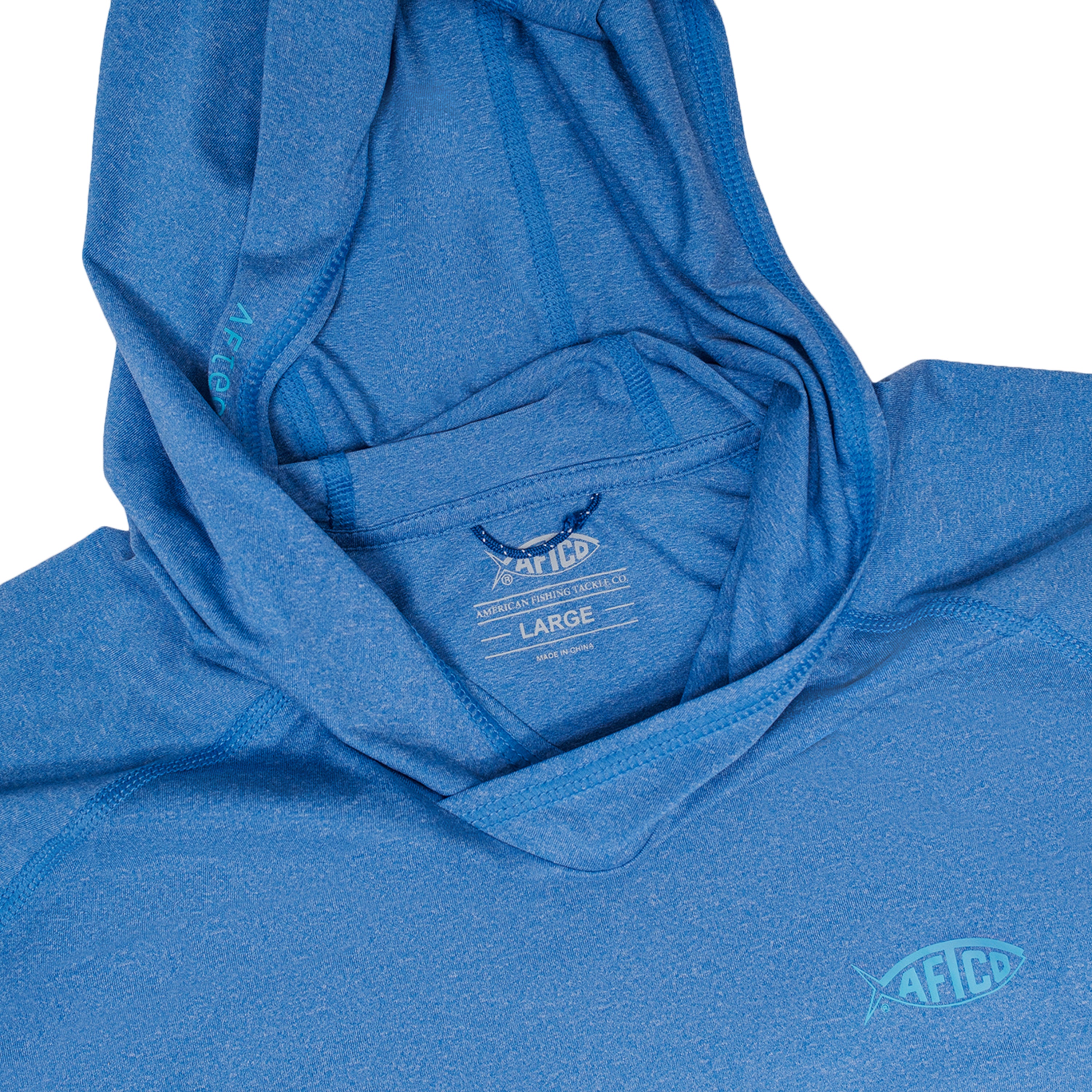 Close-up of a blue hooded shirt with a large size label in the hood.