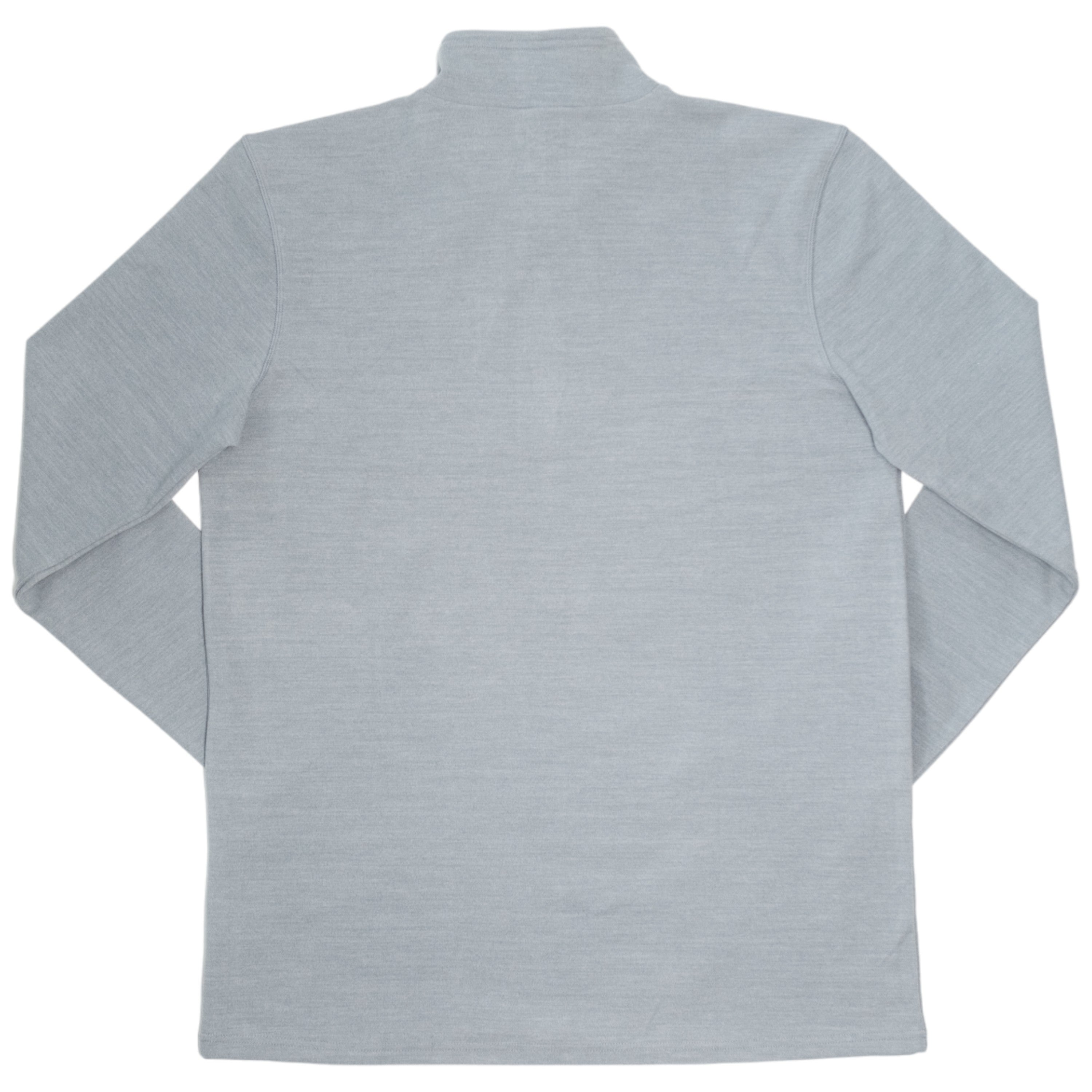 Back view of a gray long-sleeve shirt with a collar.