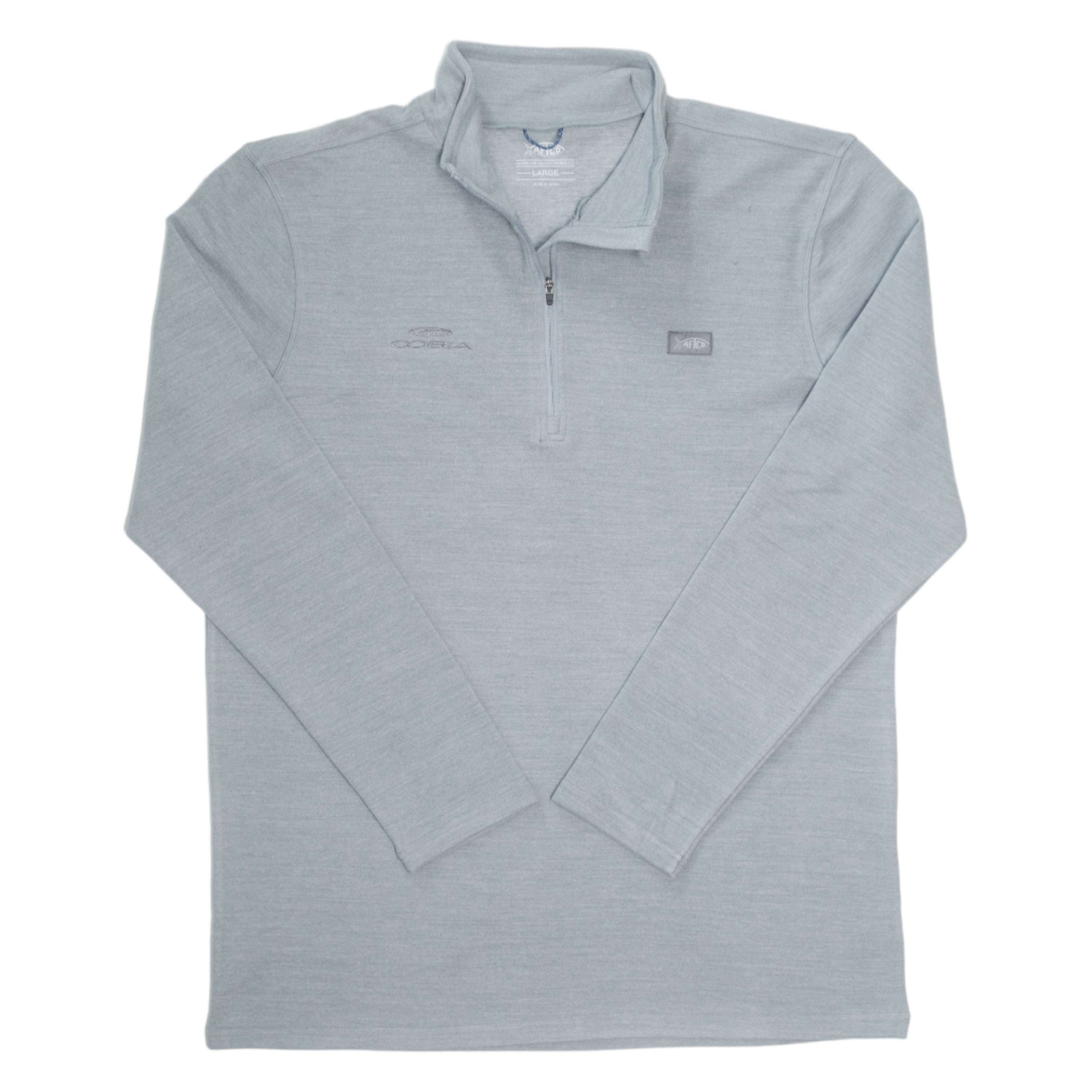 Light gray long-sleeve pullover with a half zipper and a grey cobia logo on the right chest.
