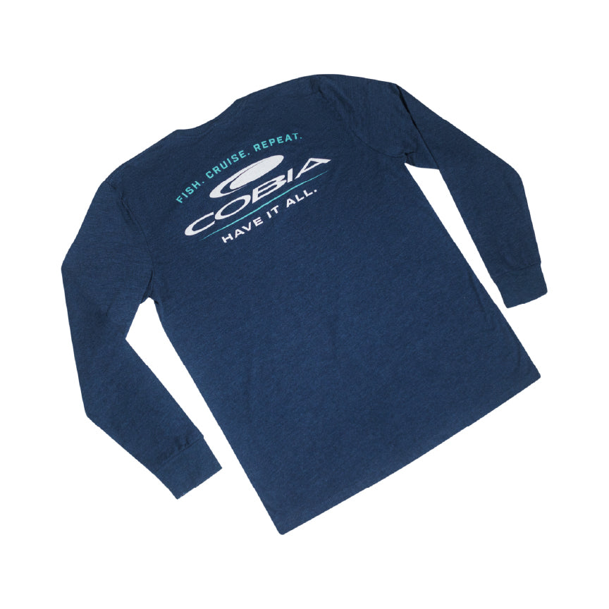 Navy long-sleeve shirt with a white 'Cobia' logo and text 'fish, cruise, repeat. have it all.'