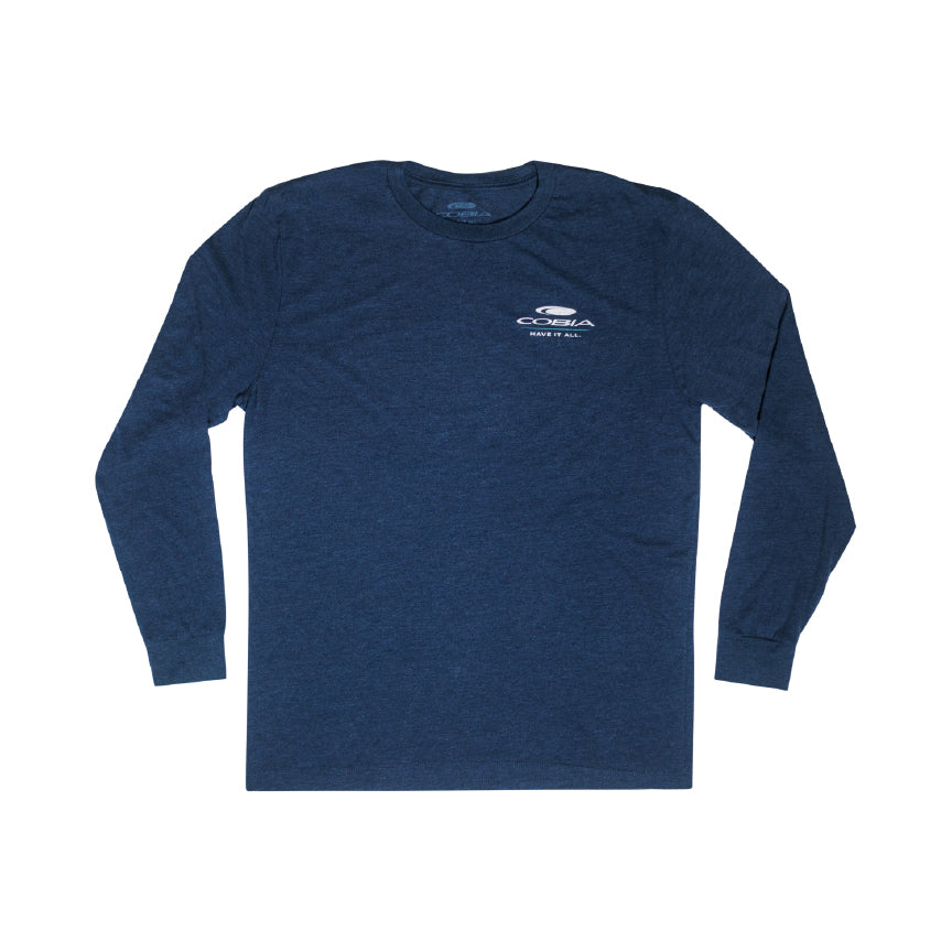 Navy blue long-sleeve shirt with a white cobia logo on the left chest.