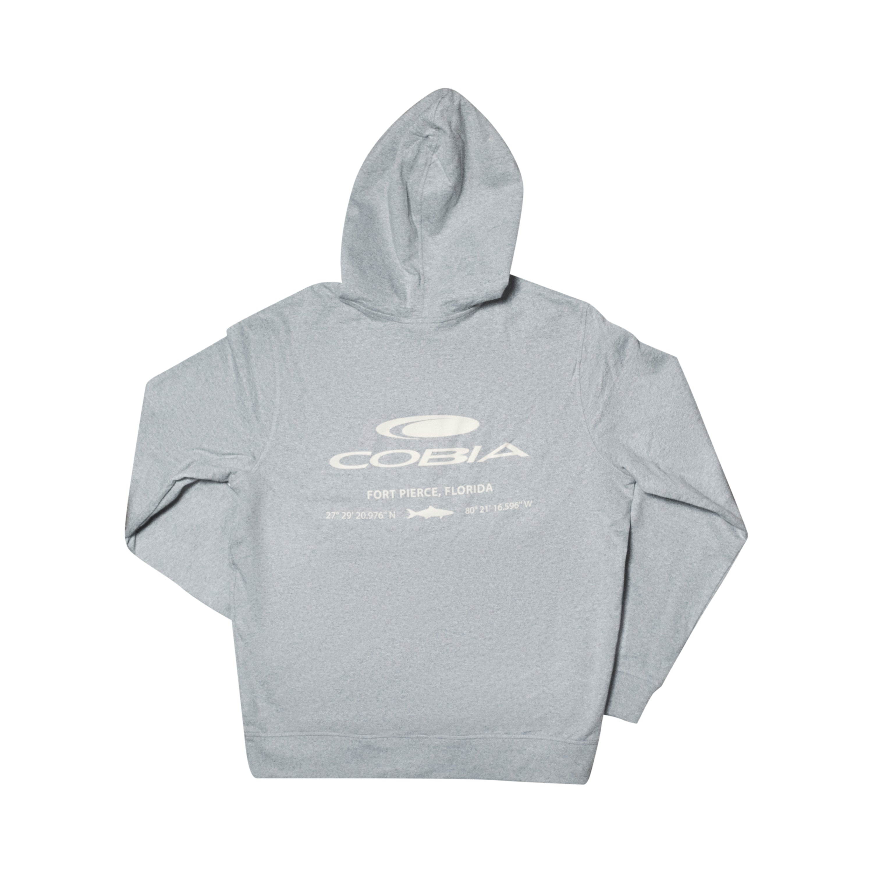 Back of a light gray hoodie with a white cobia logo across the back.