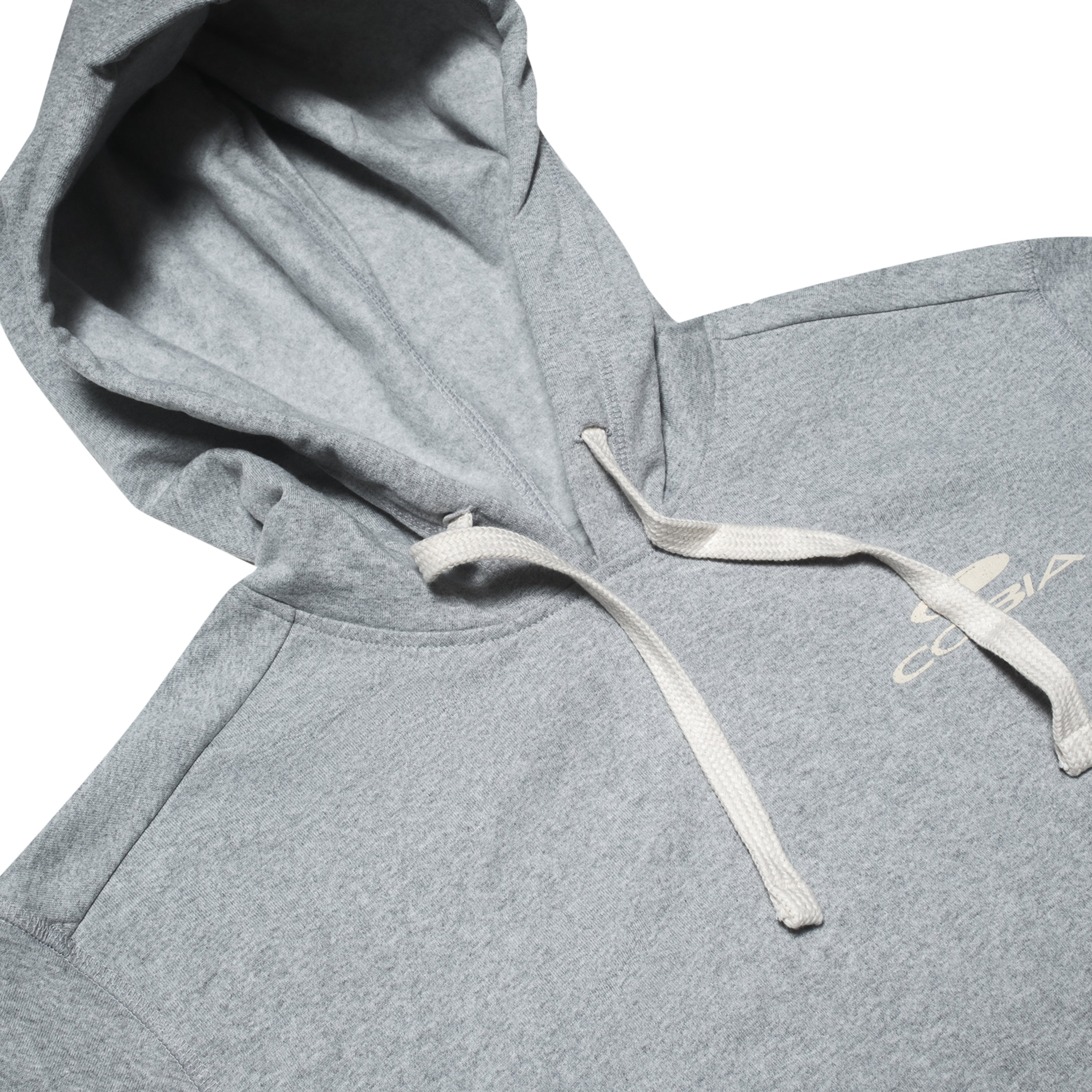 Close up of a gray hoodie with a white drawstring and logo.