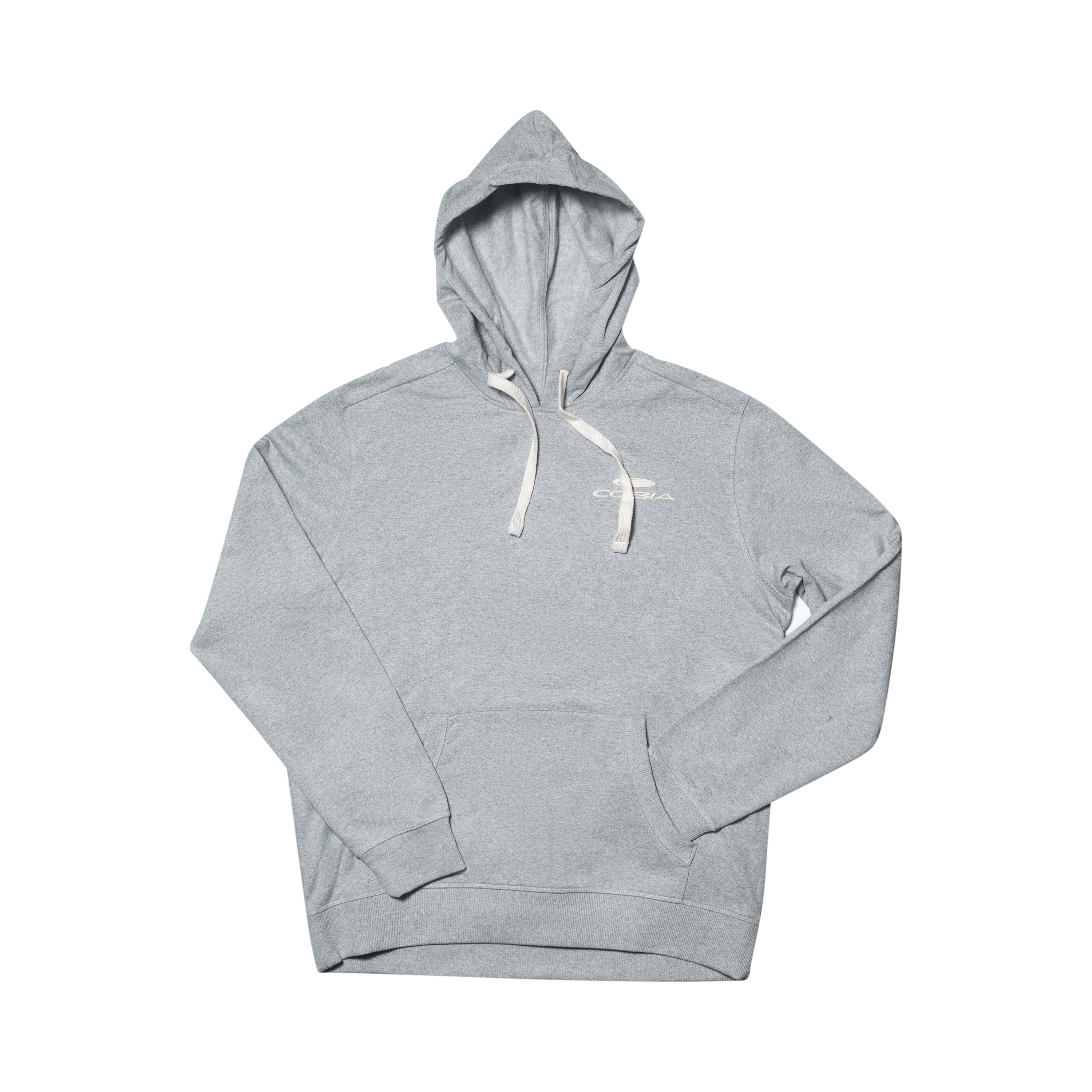 Gray hooded sweatshirt with white drawstrings and a cobia logo on the left chest.