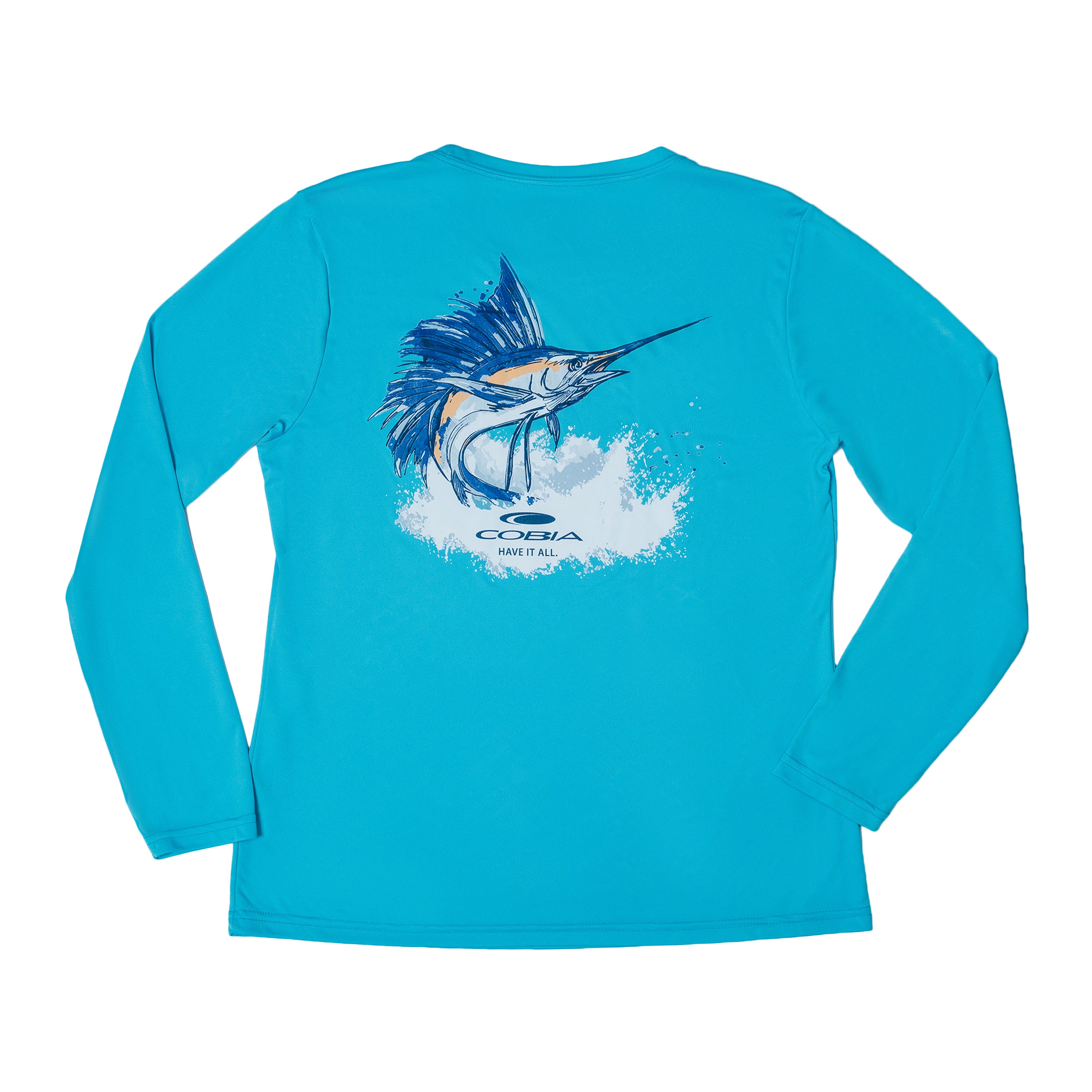 Bright blue long-sleeve shirt with a marlin graphic on the back and the cobia logo below it.