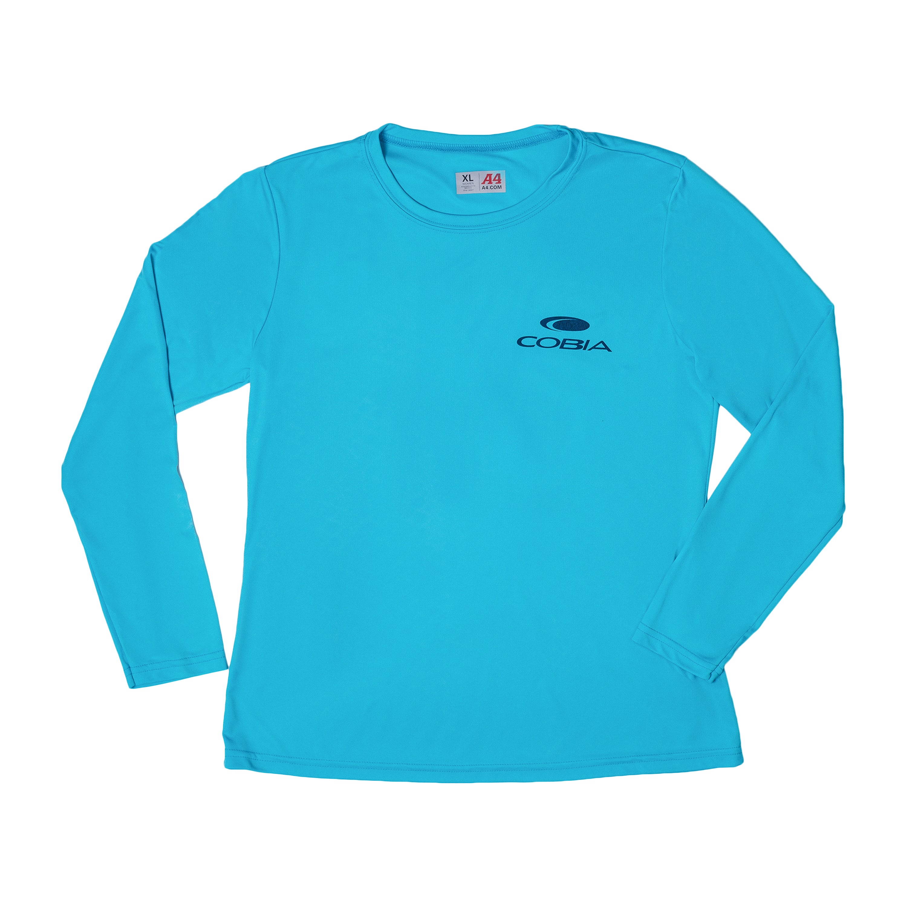 Light blue long-sleeve shirt with a navy blue cobia logo on the chest.