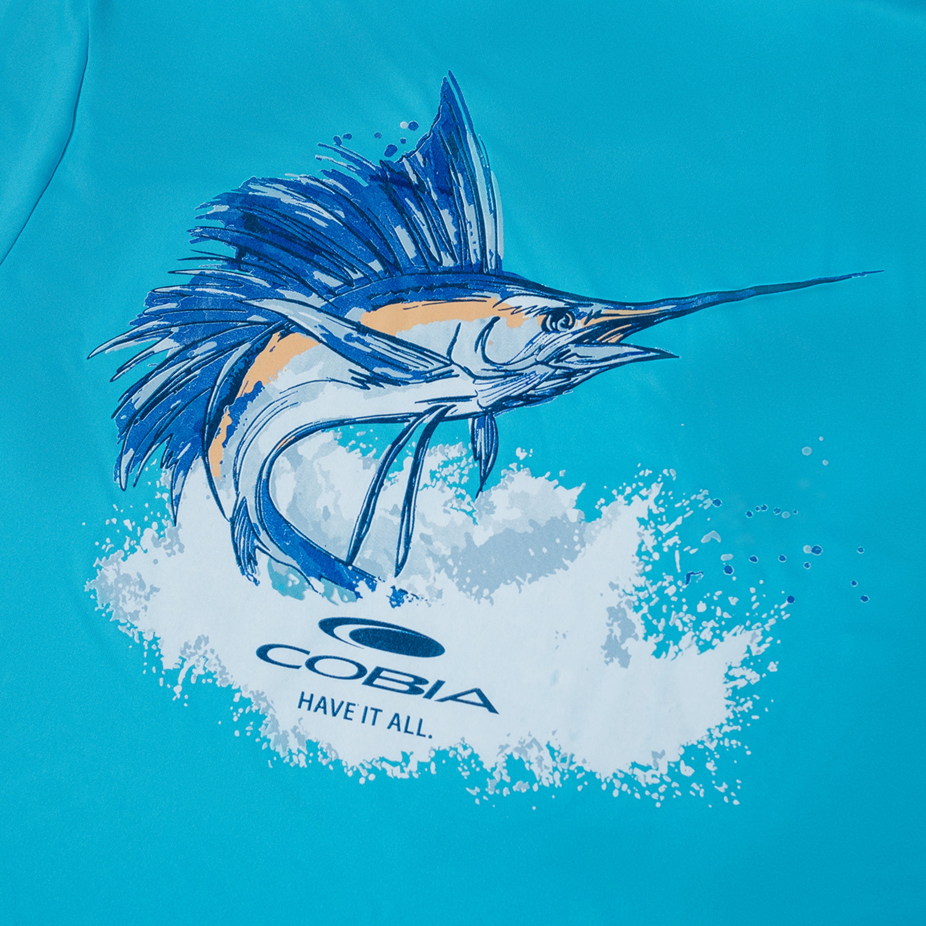 Illustration of a marlin fish on a blue shirt with the text 'Cobia Have It All.'