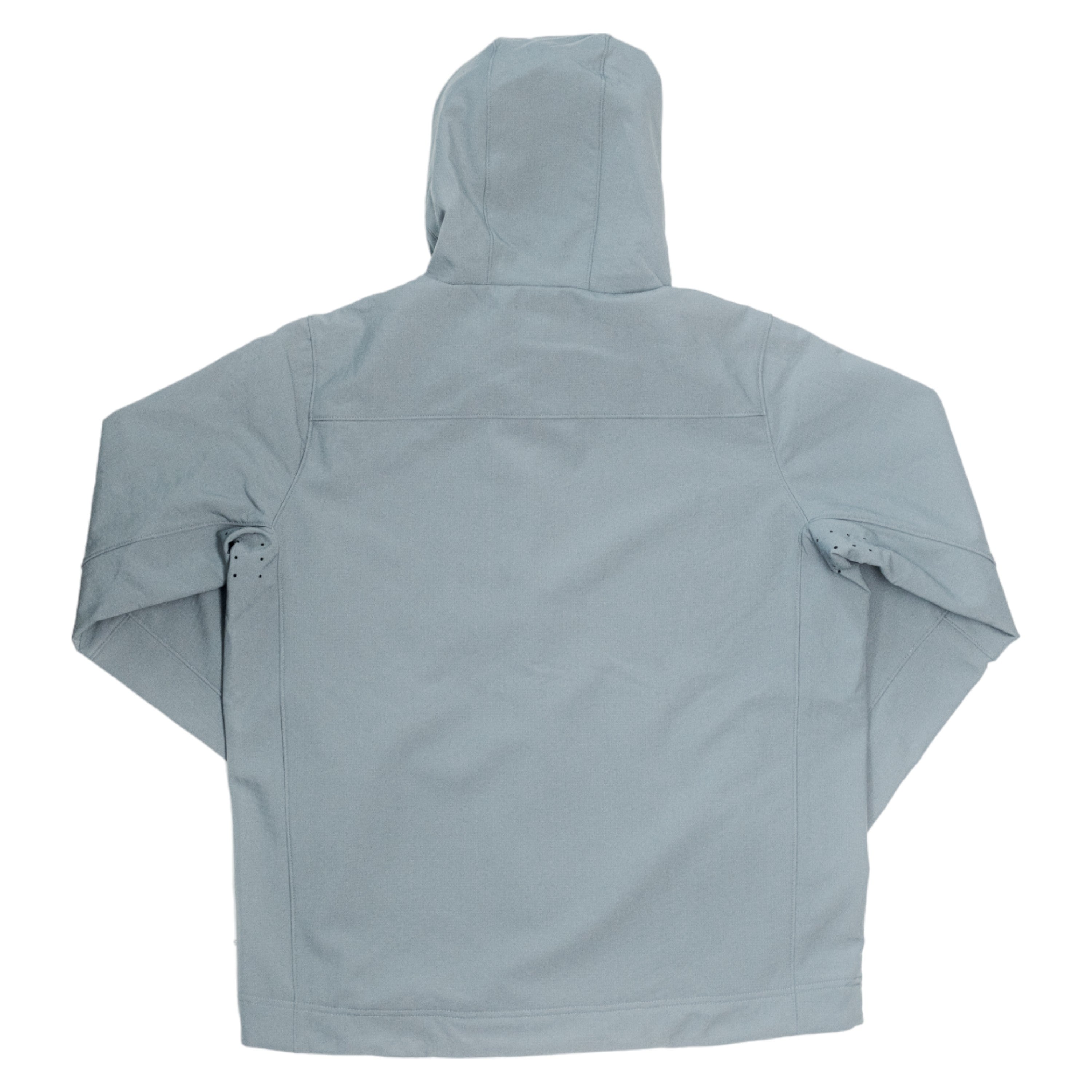 Back view of a light gray hooded jacket with ventilated underarms.