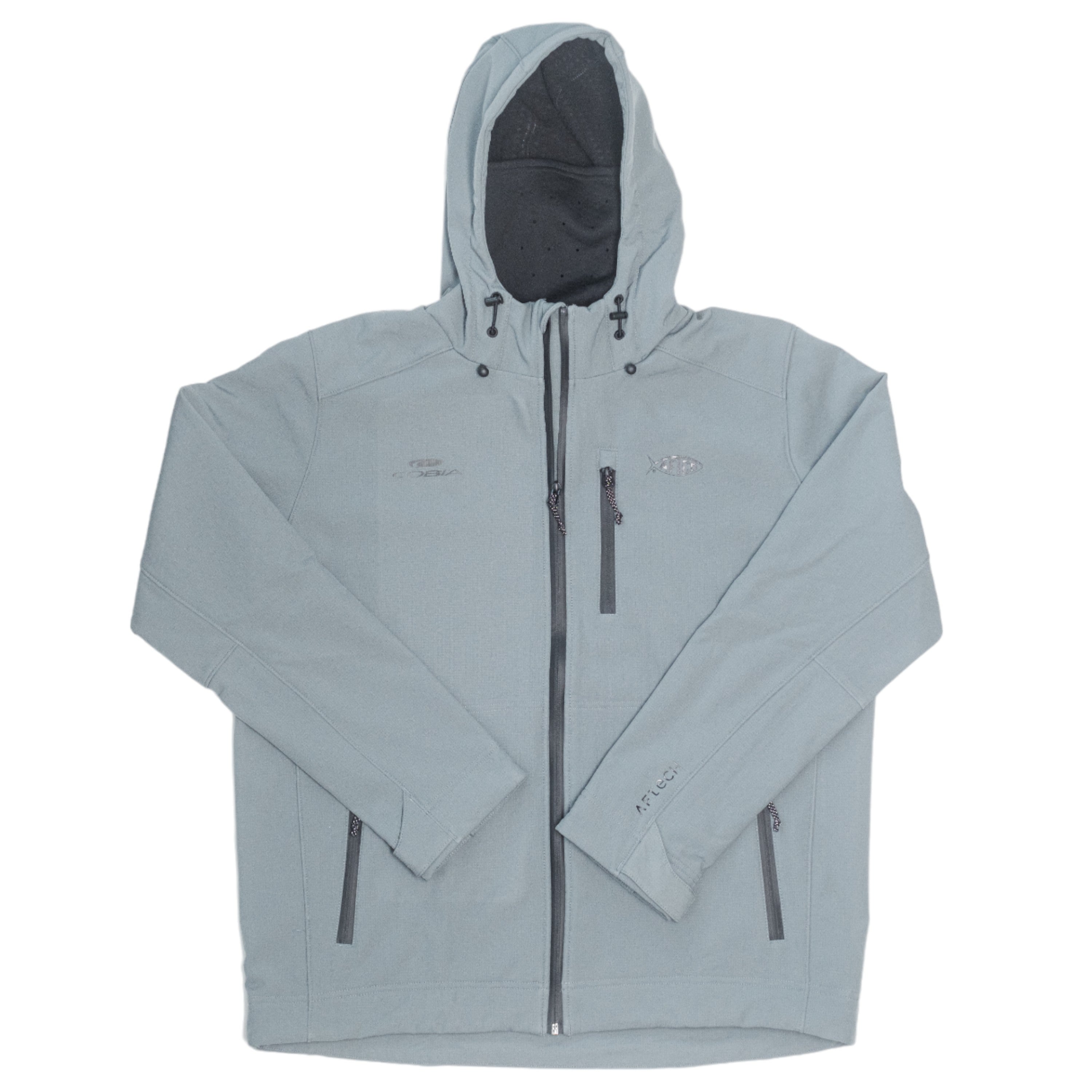 Light grey hooded jacket with multiple zippered pockets and the cobia logo on the right chest.
