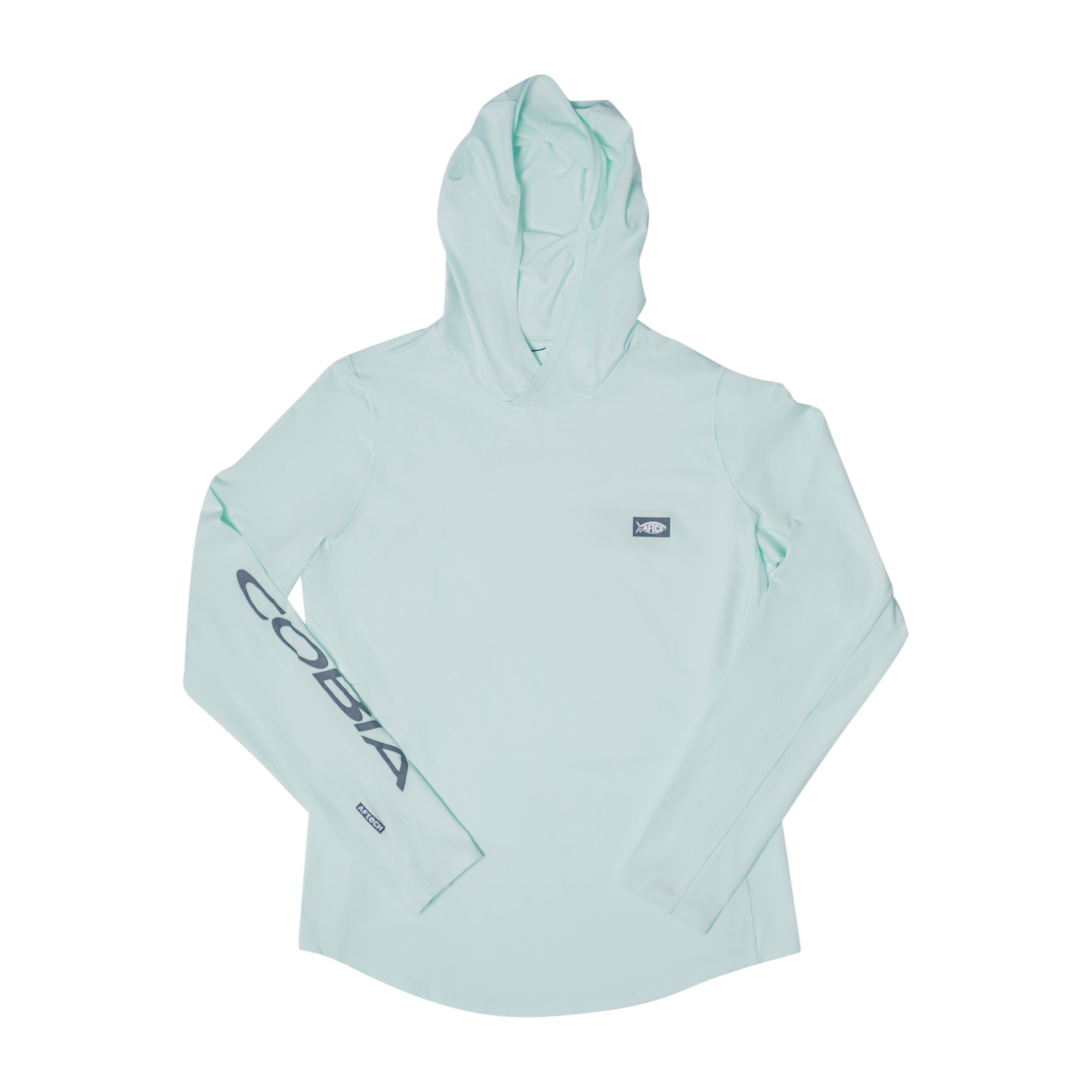 Light teal long-sleeve hooded shirt with a grey cobia logo on the sleeve.