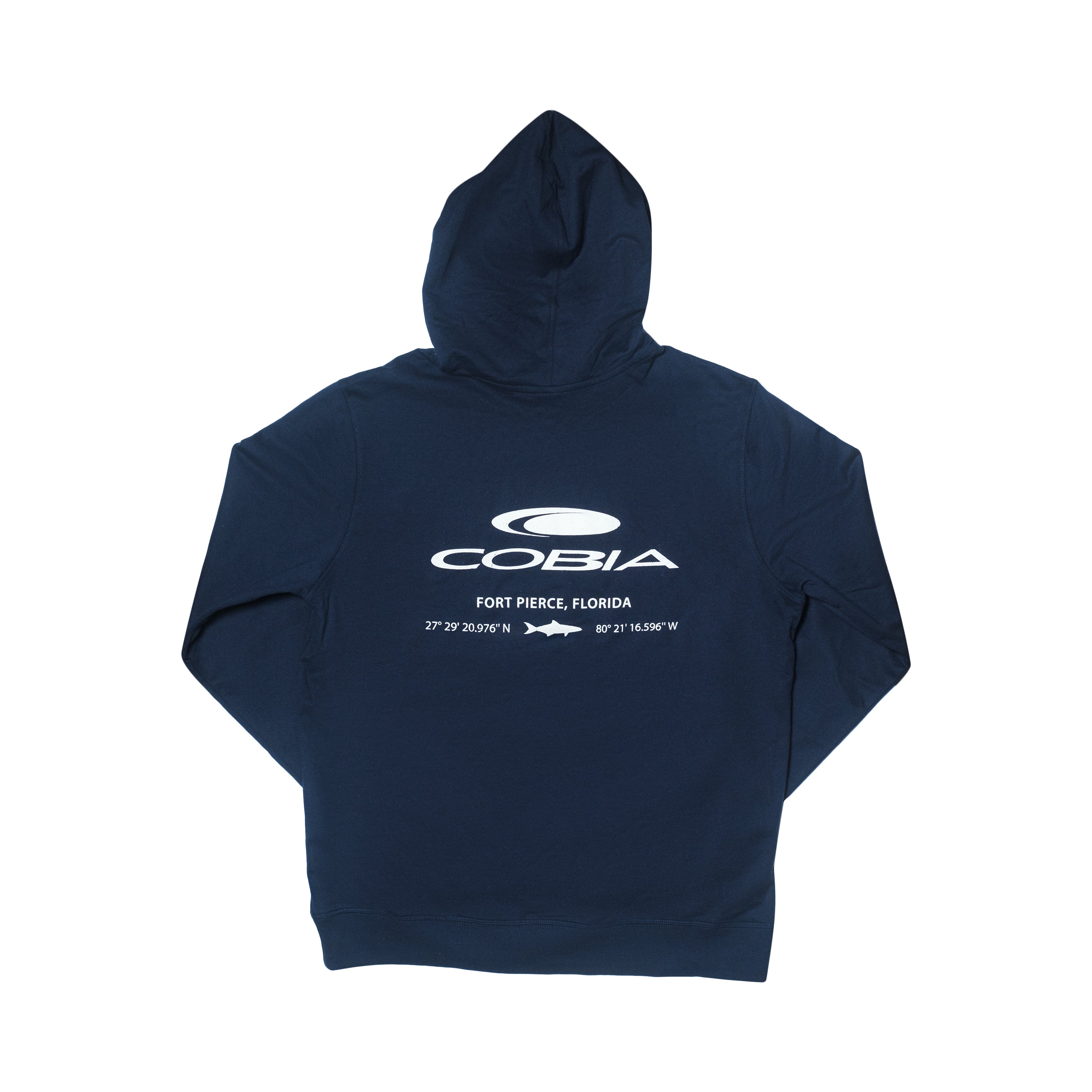 Navy hoodie with Cobia branding on the back.