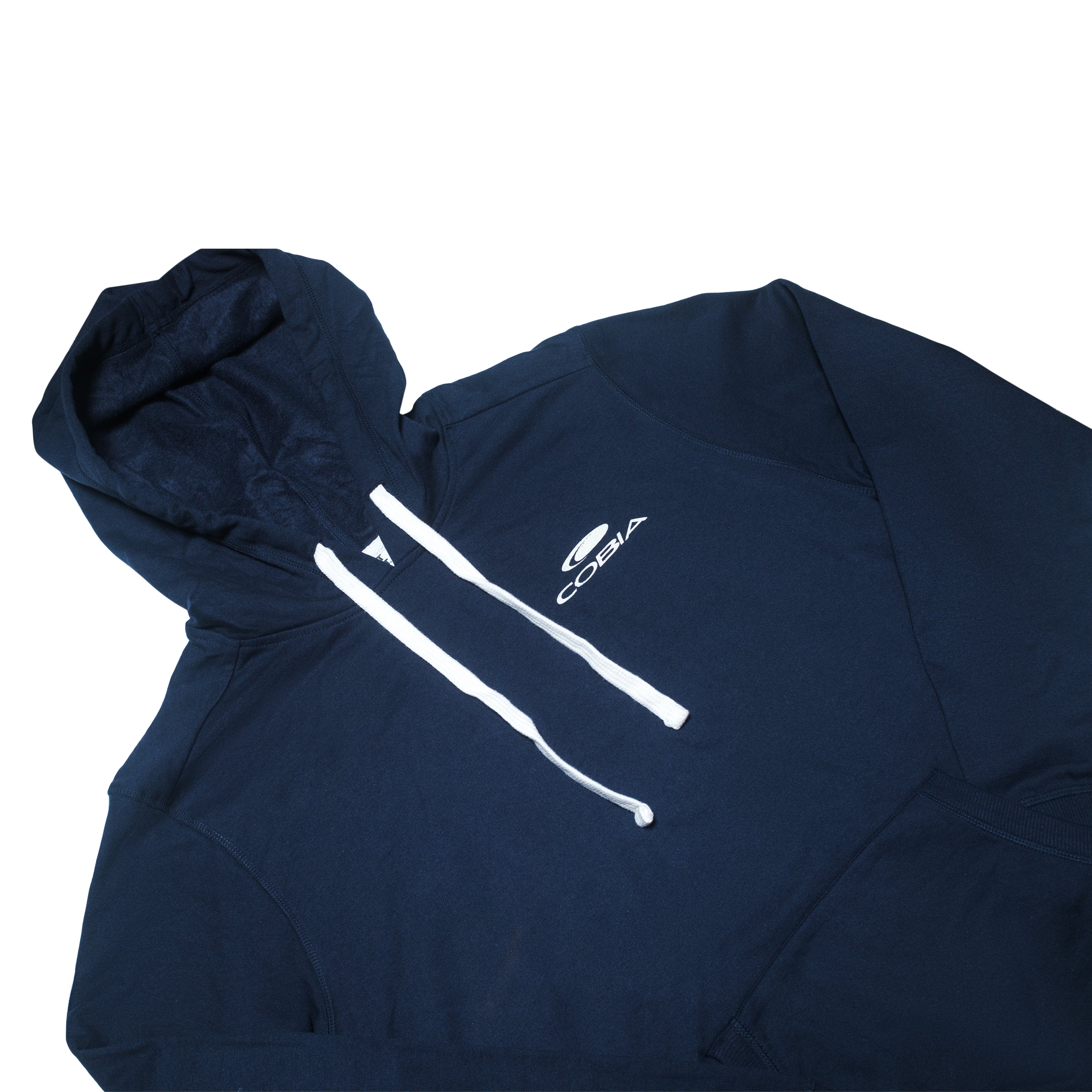 Navy hooded sweatshirt with white drawstrings and a white cobia logo on the chest.