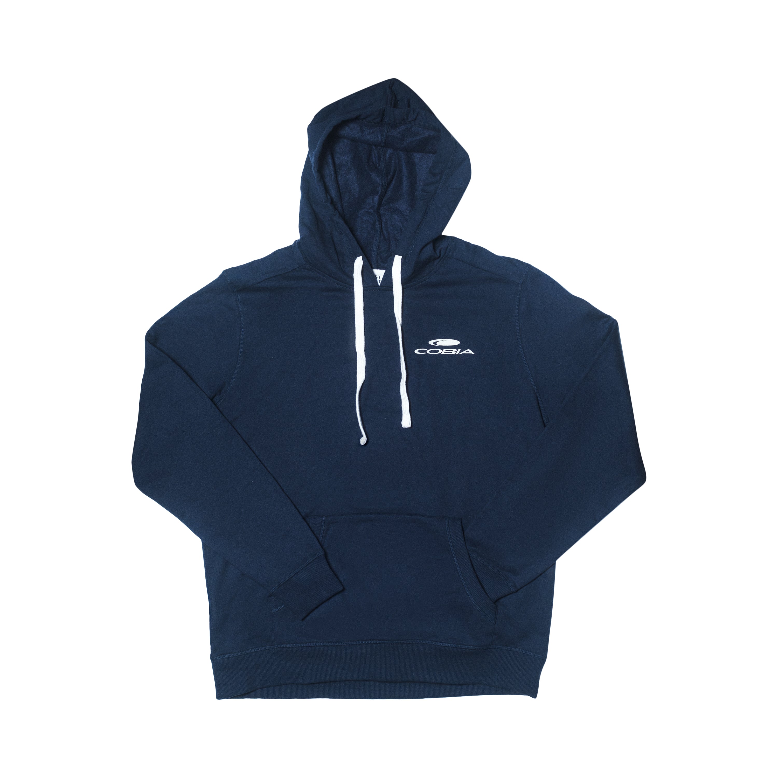 Navy blue hoodie with a white drawstring and cobia logo on the front.