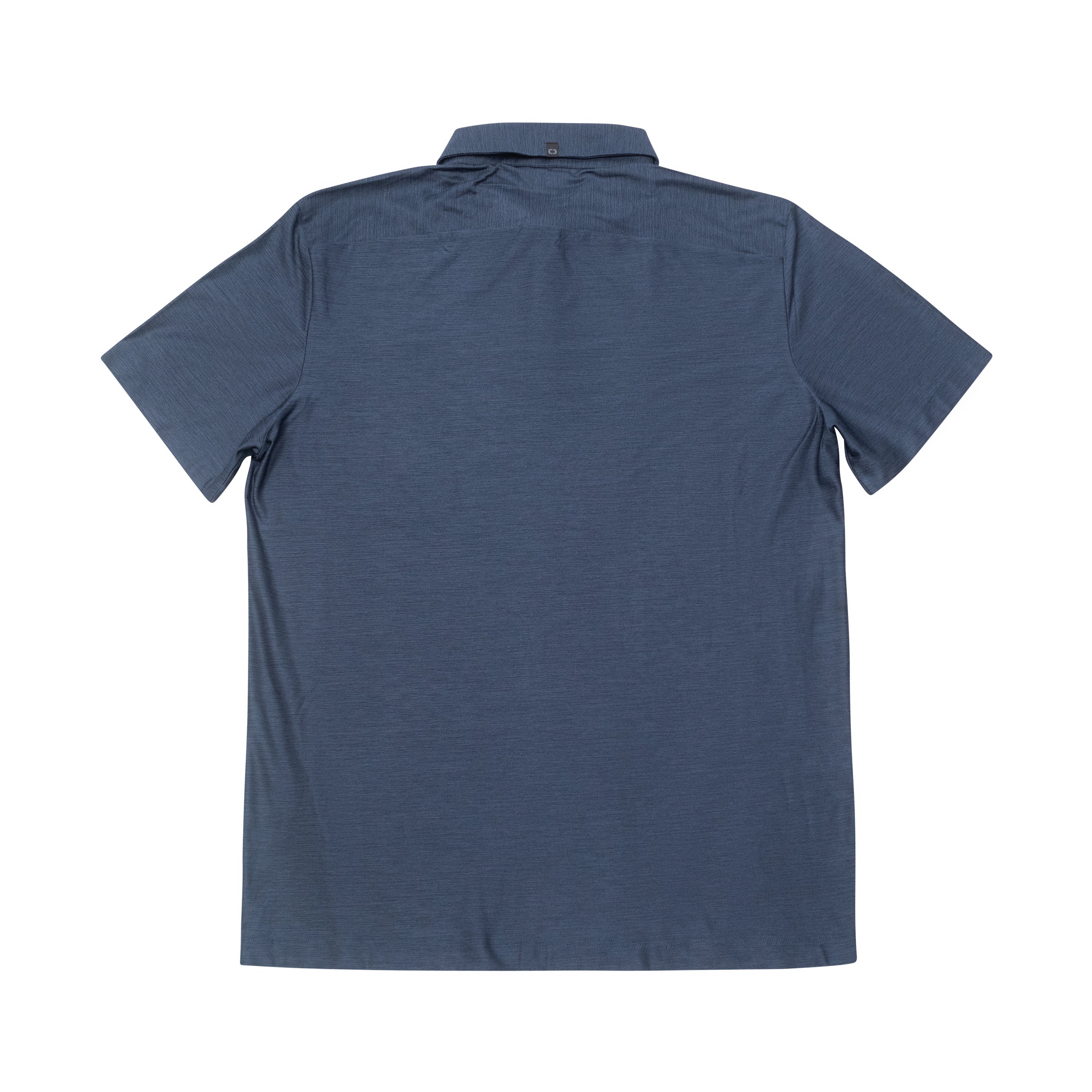Back view of a navy blue short-sleeve polo.